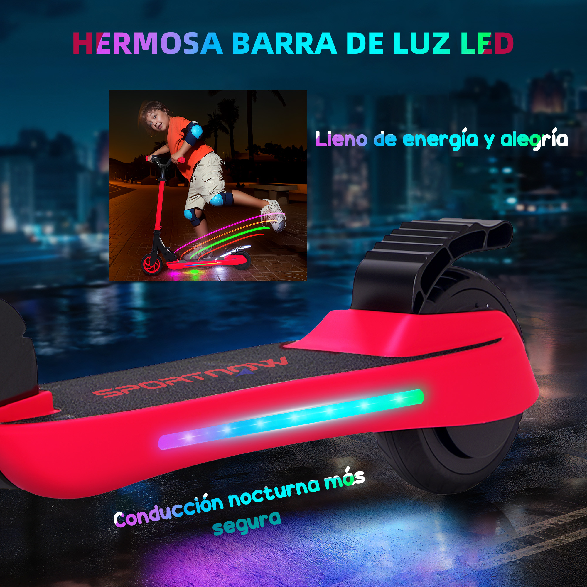 Un patinete rojo con luces LED en la base. Se muestra a un niño montándolo en el fondo. Escena nocturna.