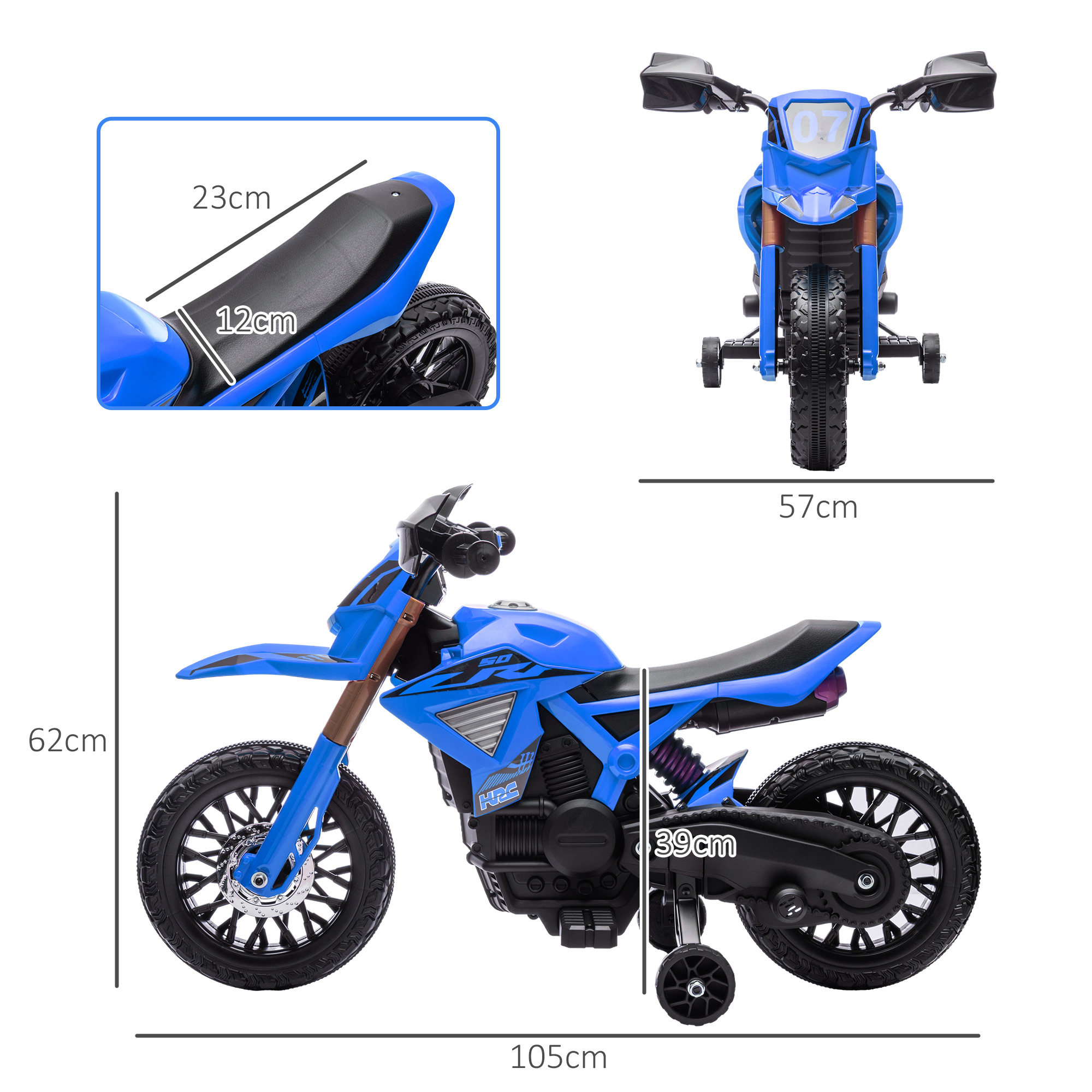 Motocicleta de juguete azul con dimensiones. Detalles en negro y azul. Fondo blanco. Incluye dimensiones.