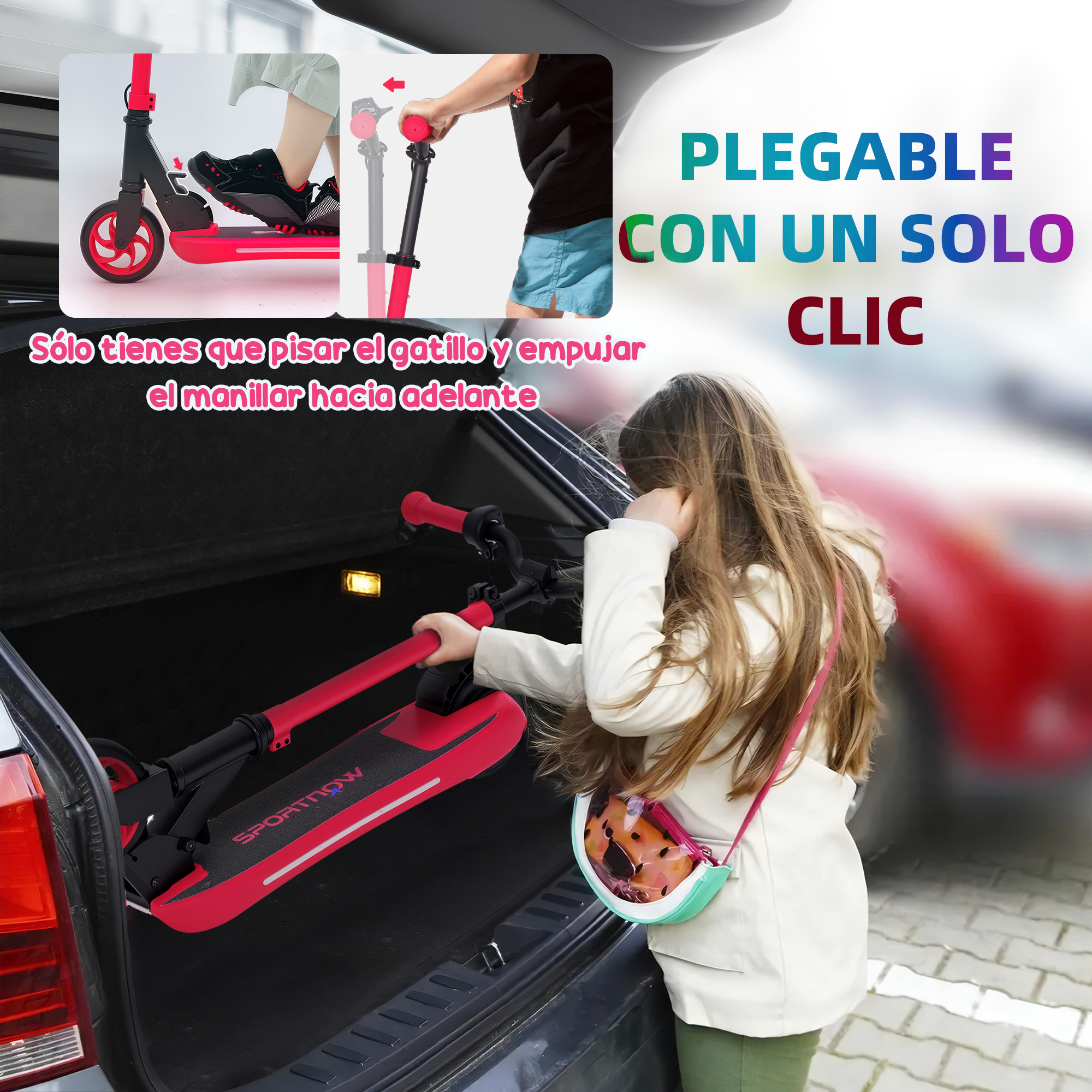 Un patinete rojo plegable siendo plegado por un niño. Una niña sostiene un casco en el fondo.