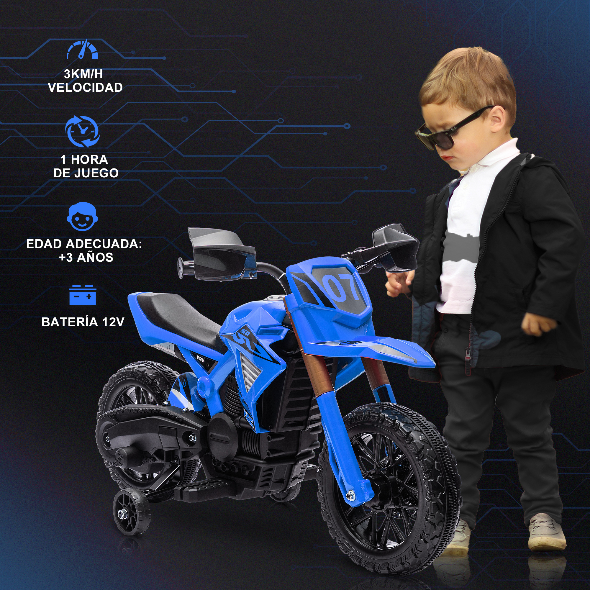 Motocicleta de juguete azul con un niño con gafas de sol. Características: 3KM/H, 1 hora de juego, batería.