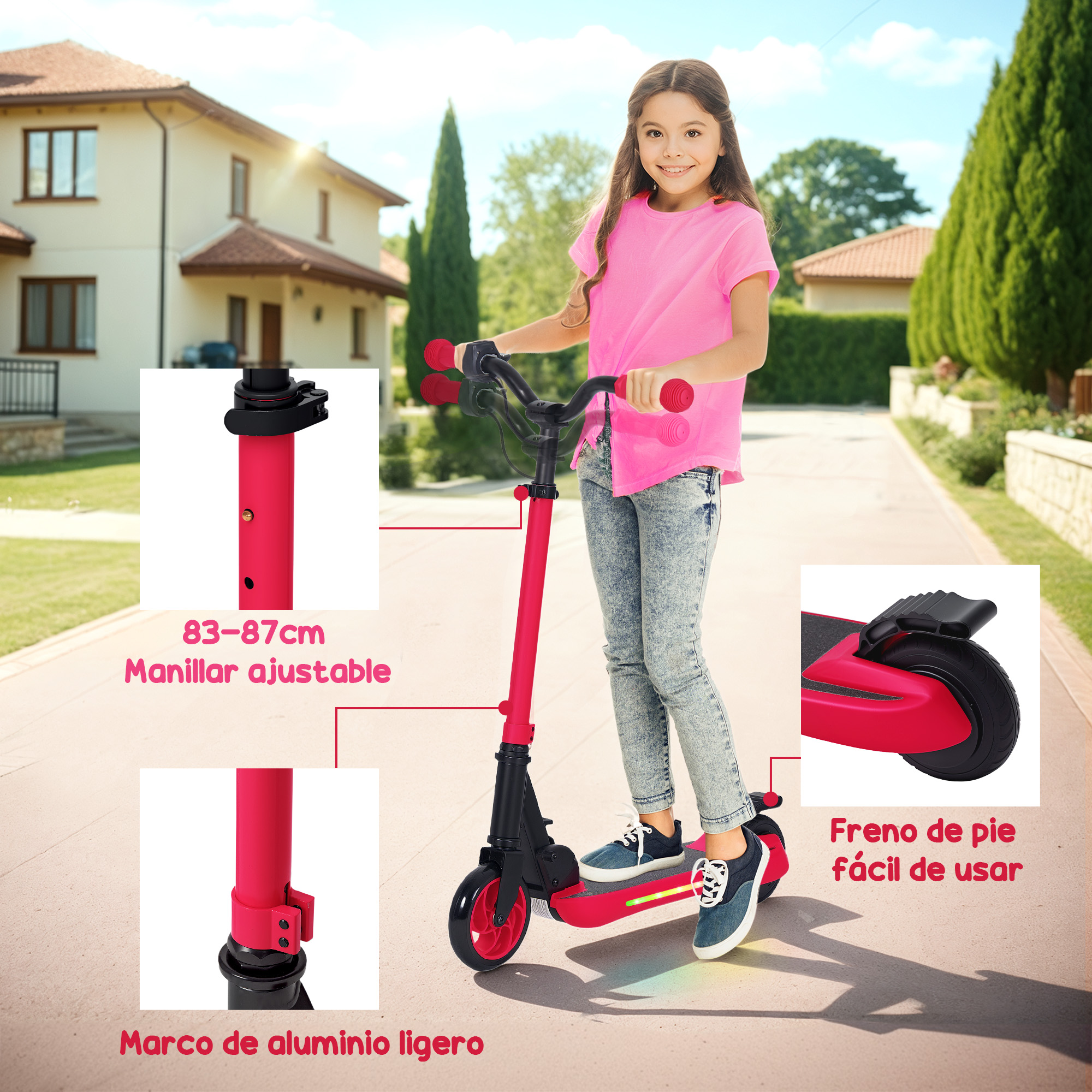 Una niña en un patinete rojo. El patinete tiene detalles negros. La niña lleva una camisa rosa y vaqueros.