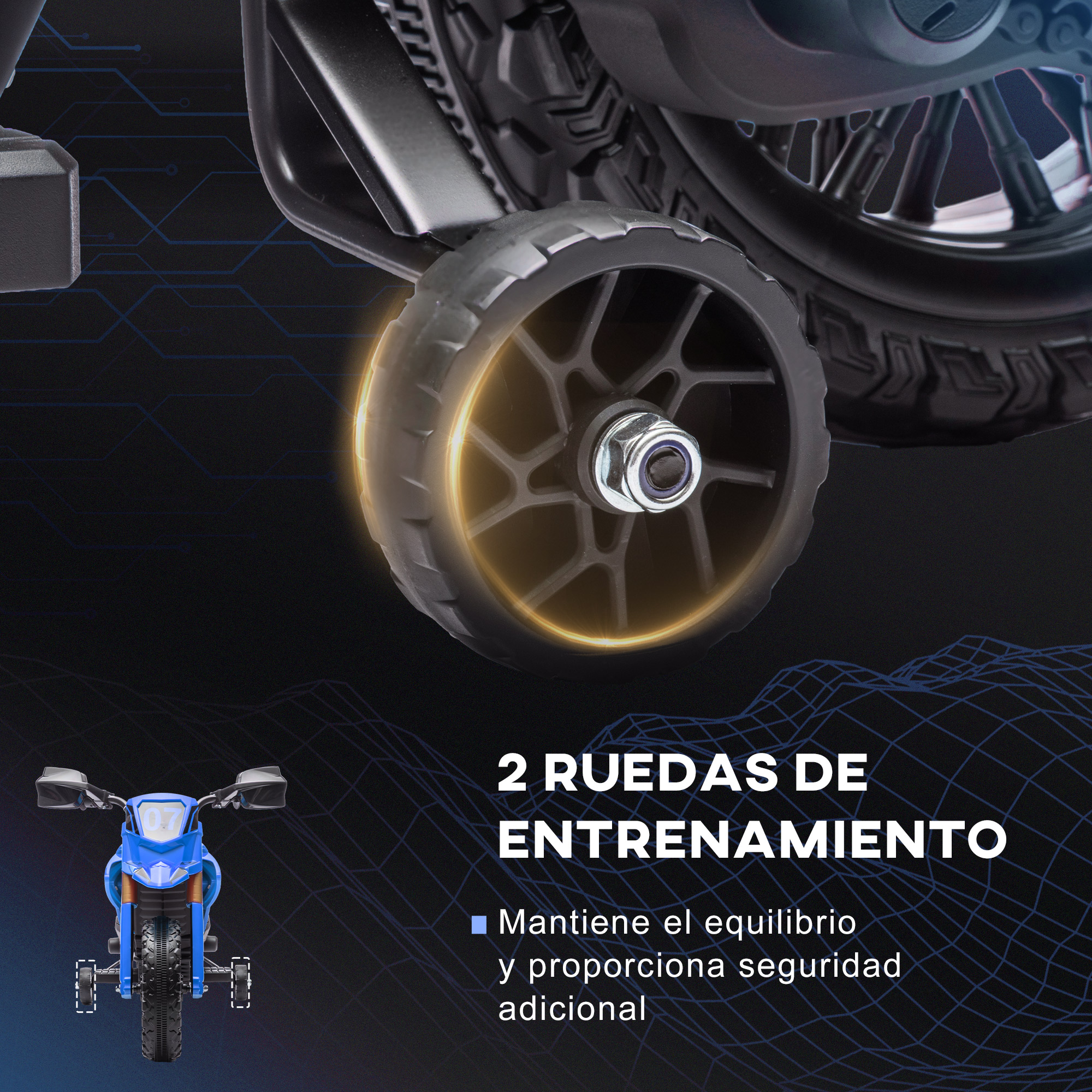 Una moto de juguete azul con ruedines y texto sobre ellos.