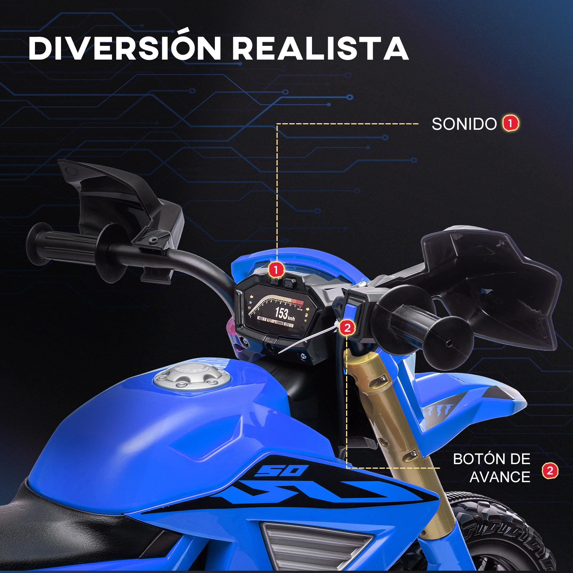 Moto de juguete azul con sonido, botón de avance y texto en español.