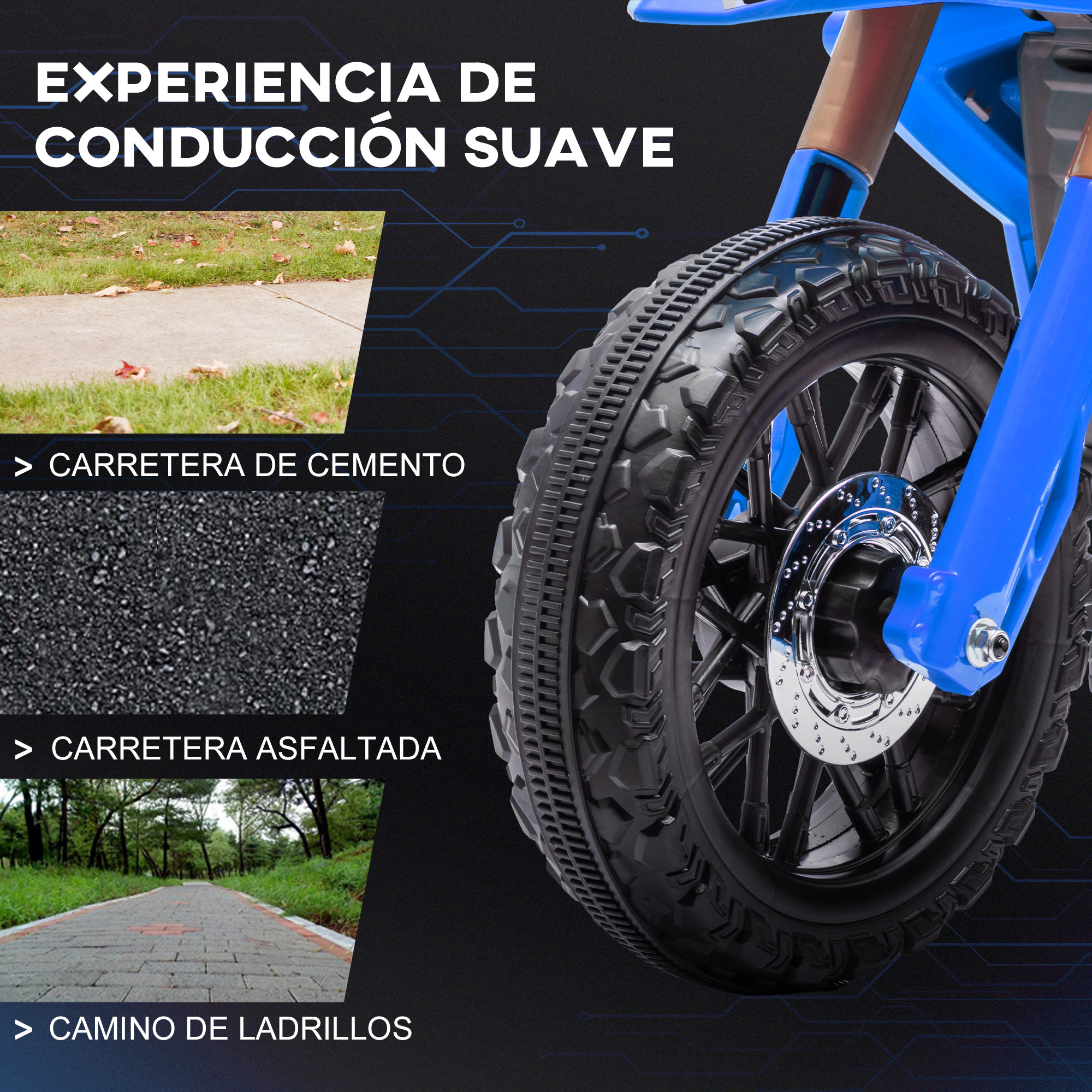 Juguete de motocicleta azul y negro con diferentes imágenes de superficies de carretera. Asfalto, cemento y camino de ladrillos.