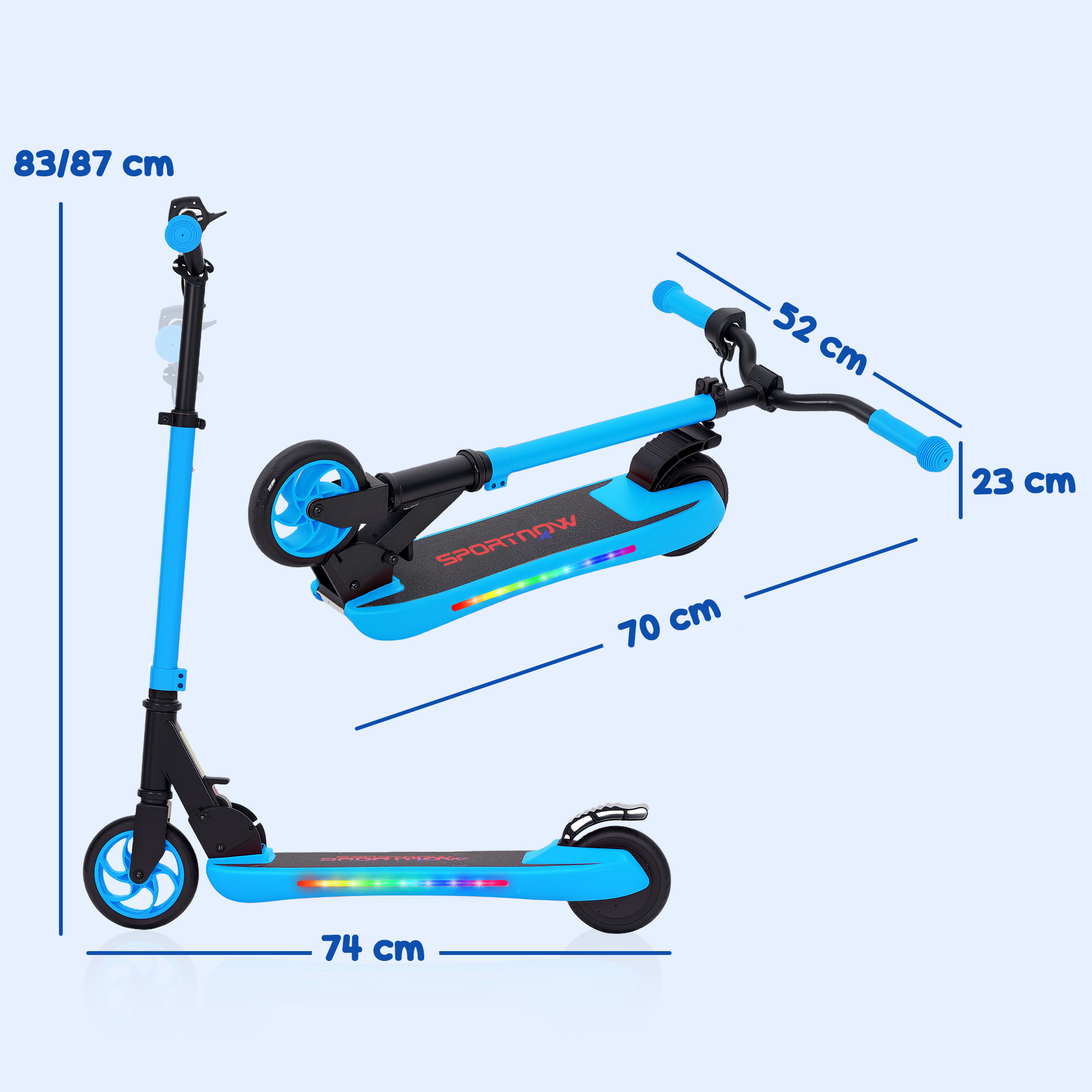 Un patinete azul con dimensiones indicadas por flechas. Se muestra en posición vertical y plegado. El patinete está sobre una superficie azul.
