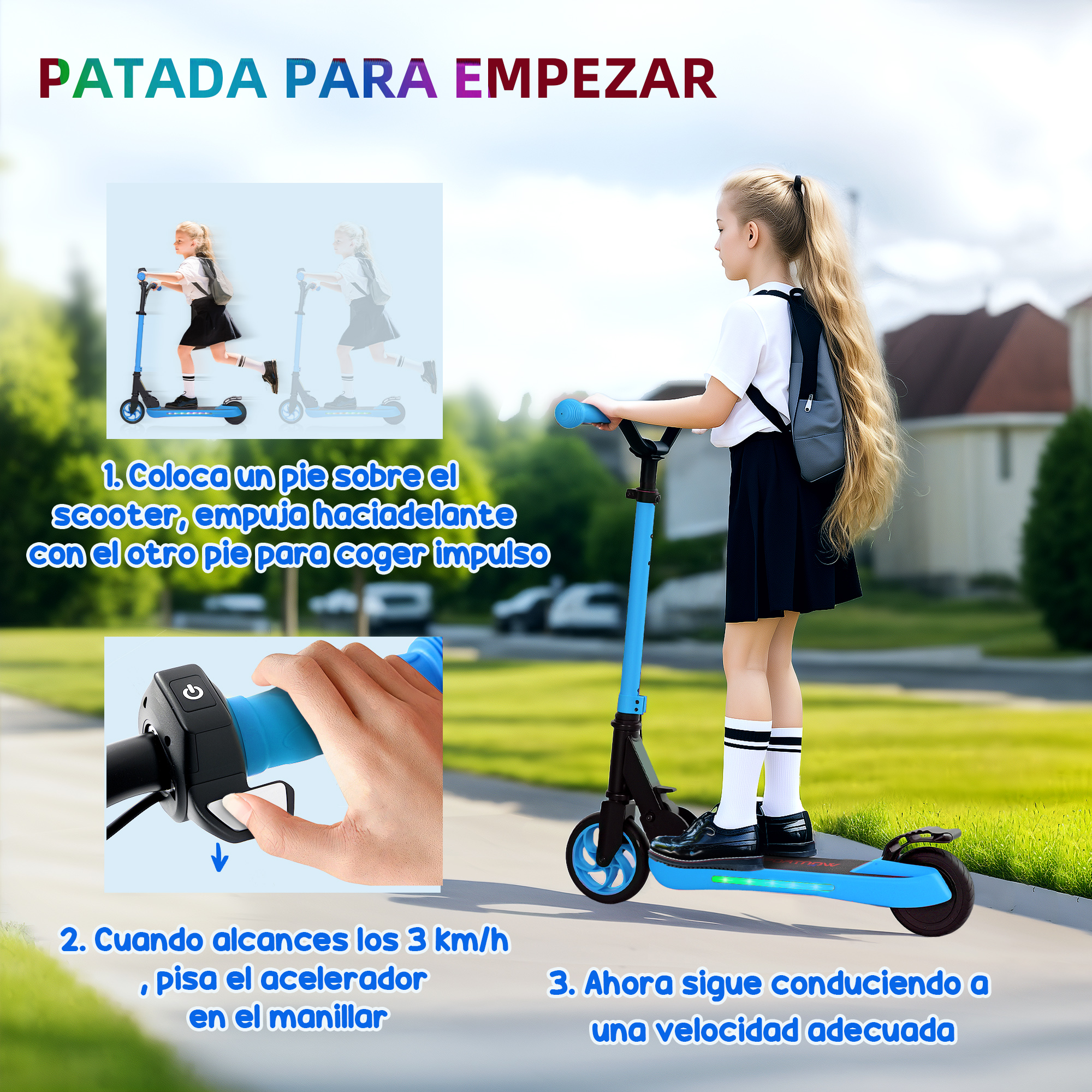 Una niña en un patinete azul, con instrucciones y primeros planos de los controles.