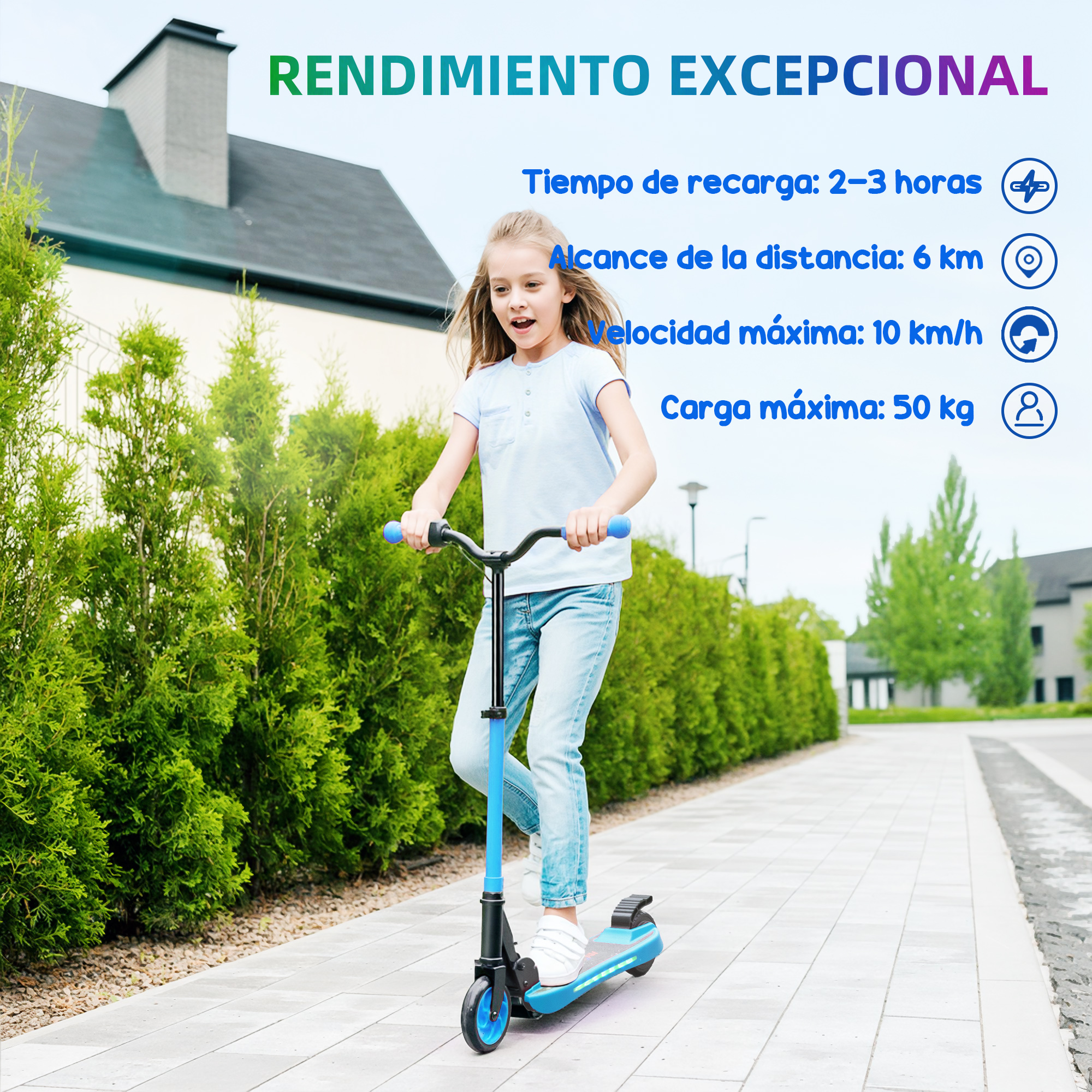 Niña montando un scooter azul en un camino pavimentado.