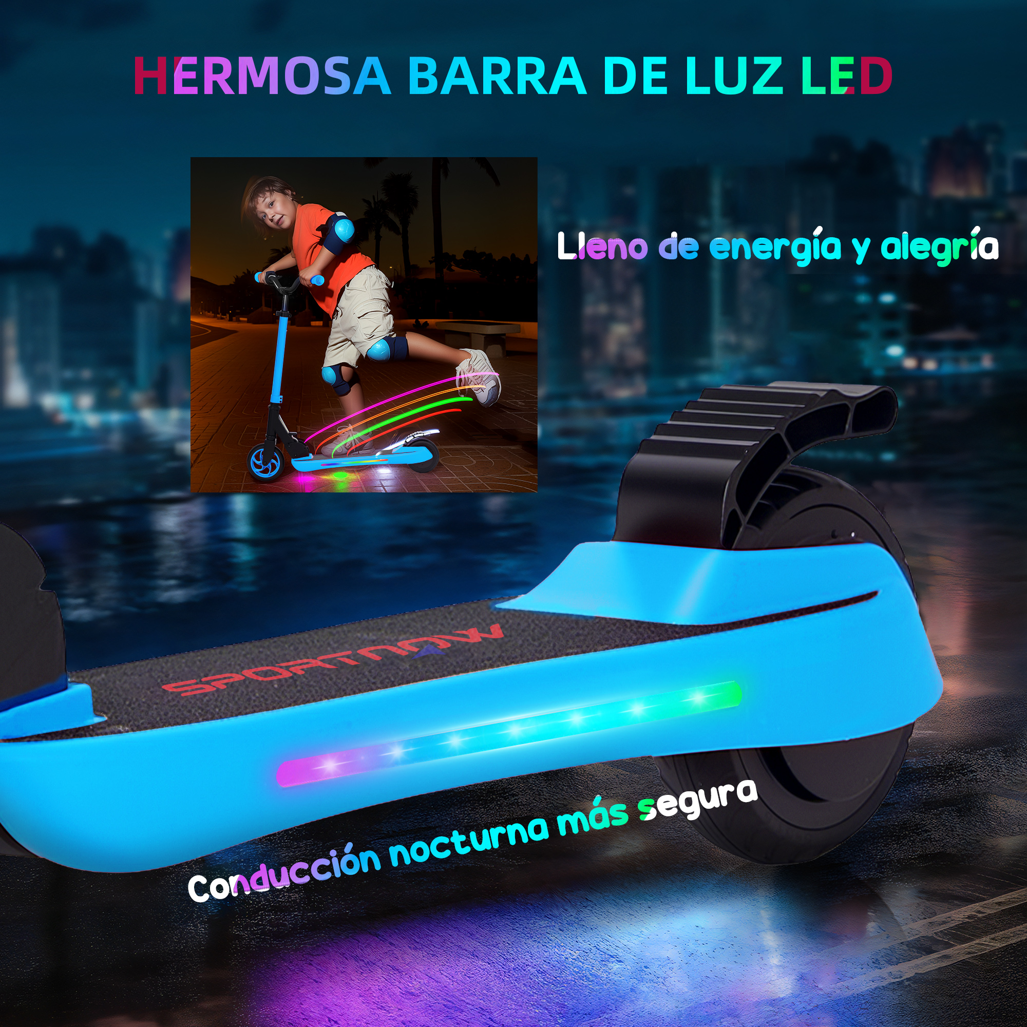 Un niño en un patinete azul con luces LED. La imagen muestra a un niño montando el patinete por la noche.