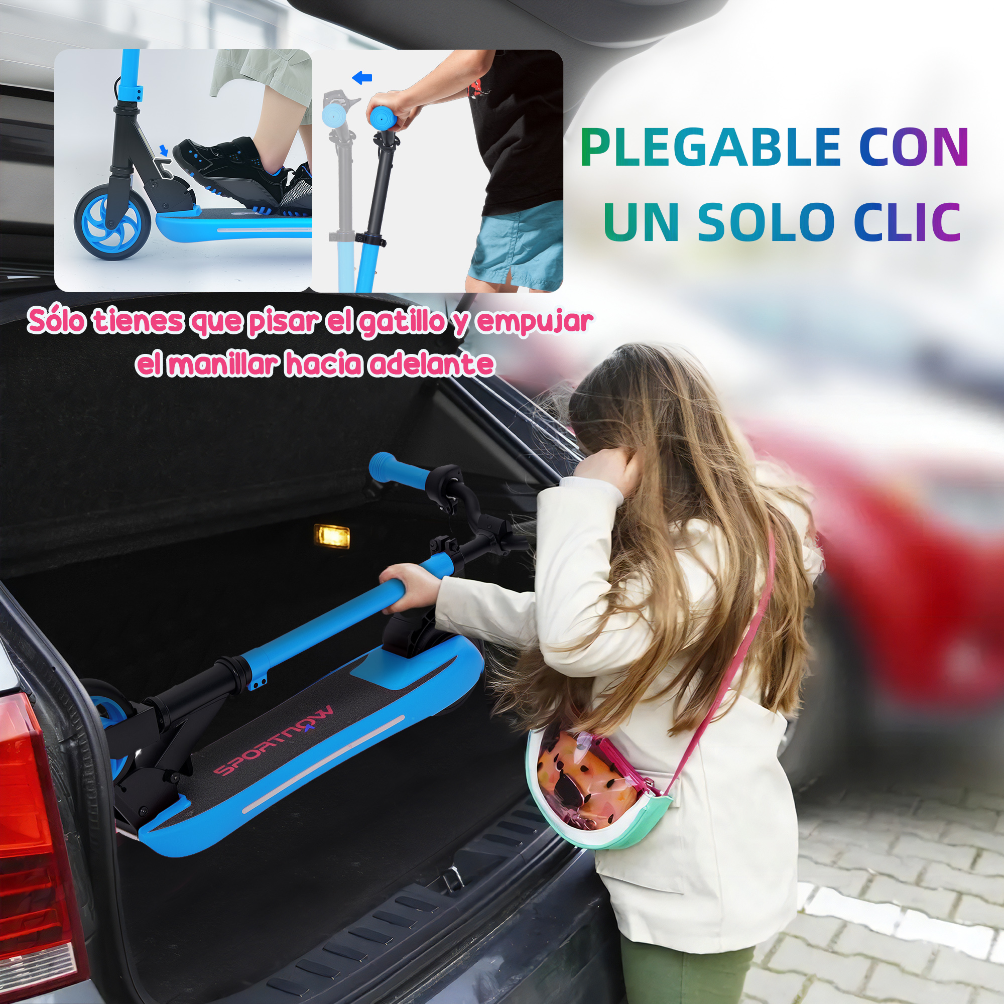 Una niña dobla un patinete azul. Texto: Plegable con un clic. Solo pisa el gatillo y empuja el manillar hacia delante.