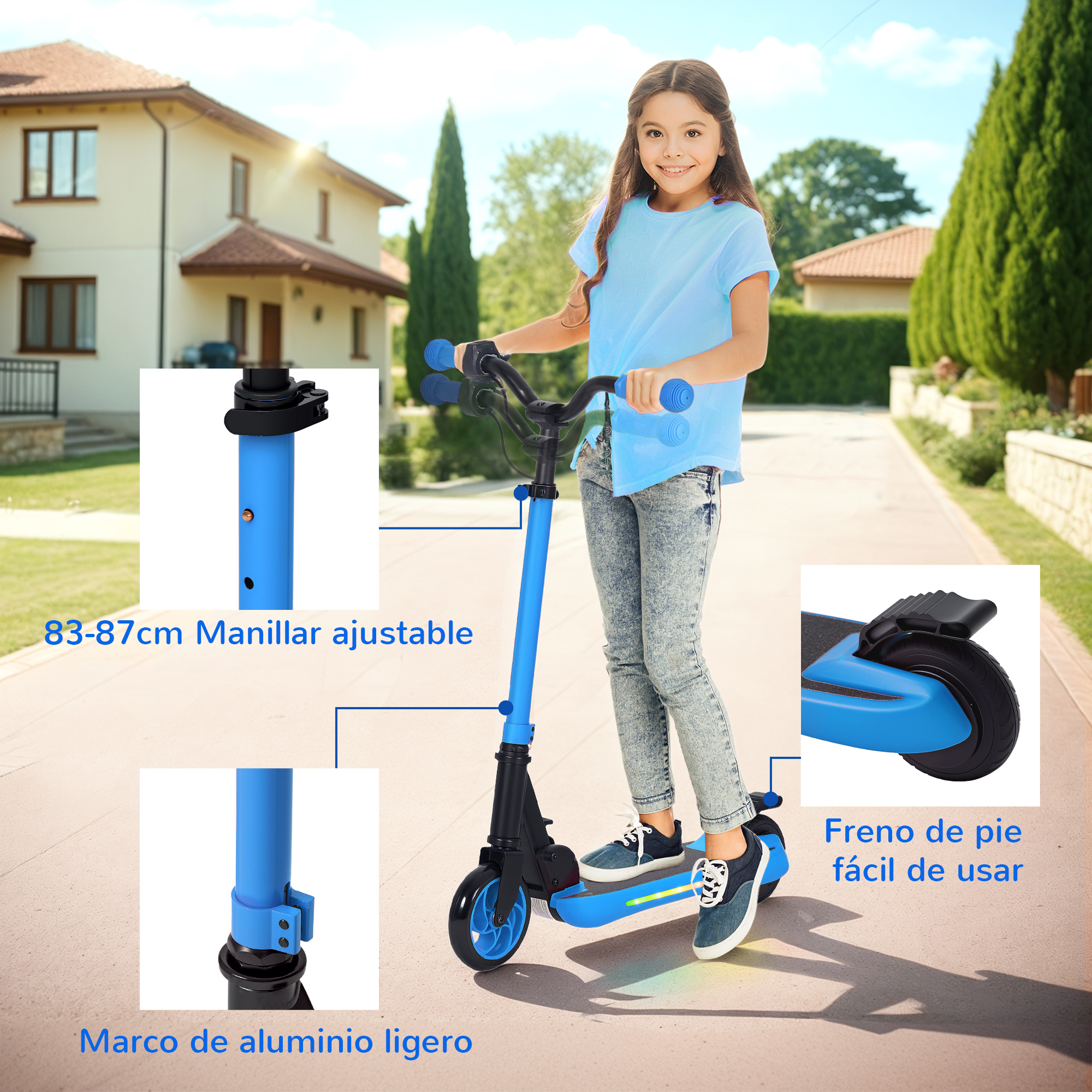 Niña en patinete azul con marco celeste. Características: manillar ajustable y freno de pie.