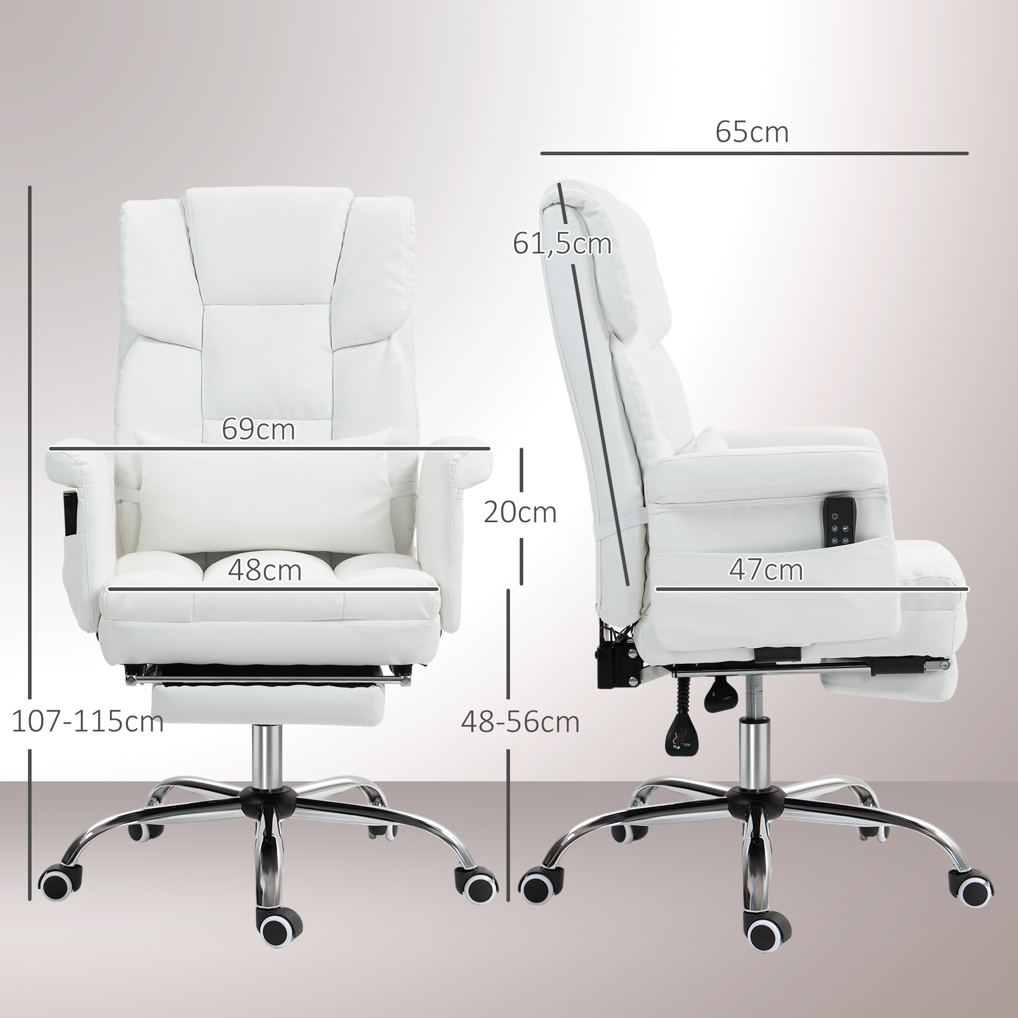 Silla de oficina blanca con medidas. La silla tiene reposacabezas, reposabrazos y reposapiés. Se proporcionan las dimensiones.