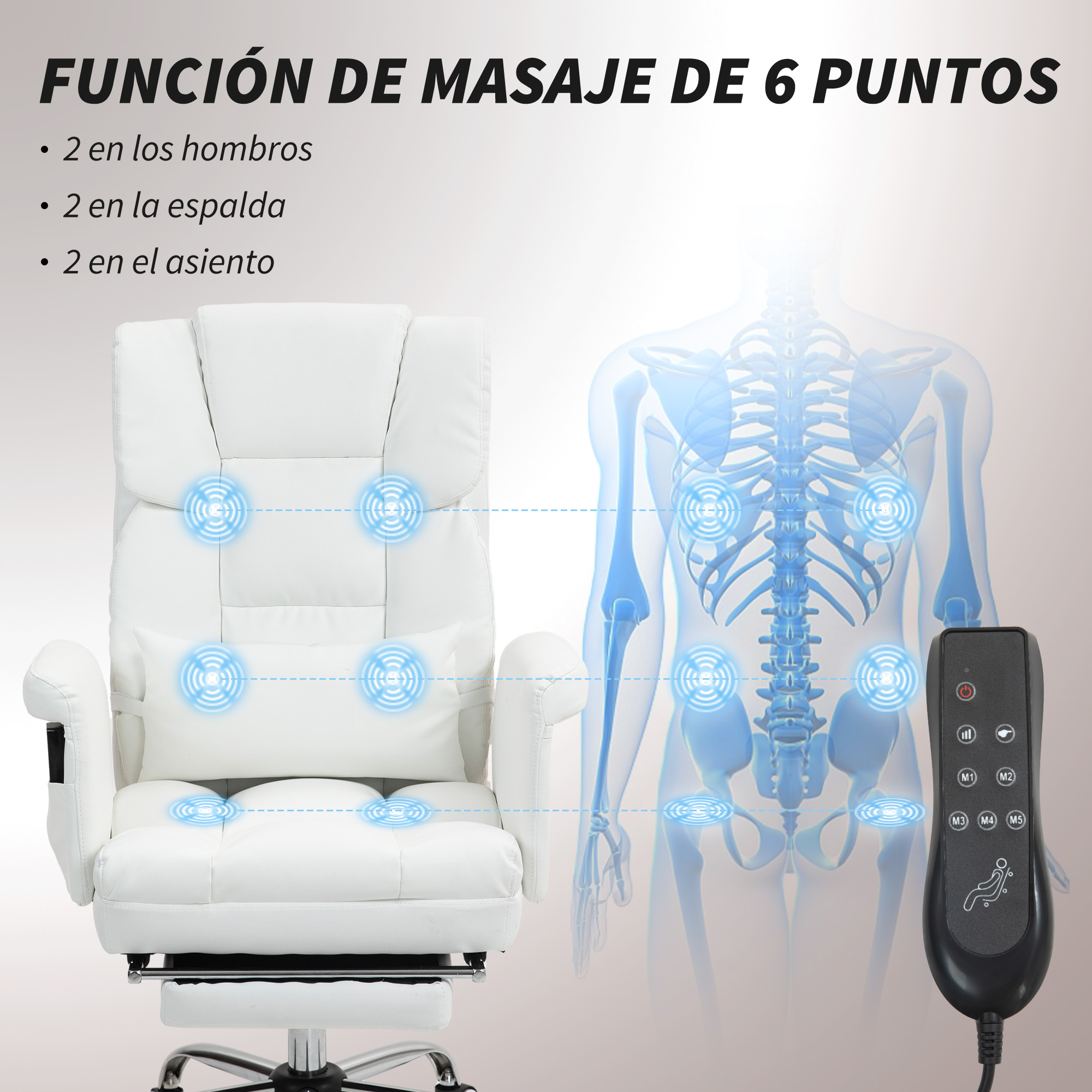 Una silla de masaje blanca con mando a distancia y un diagrama del cuerpo humano que muestra los puntos de masaje.