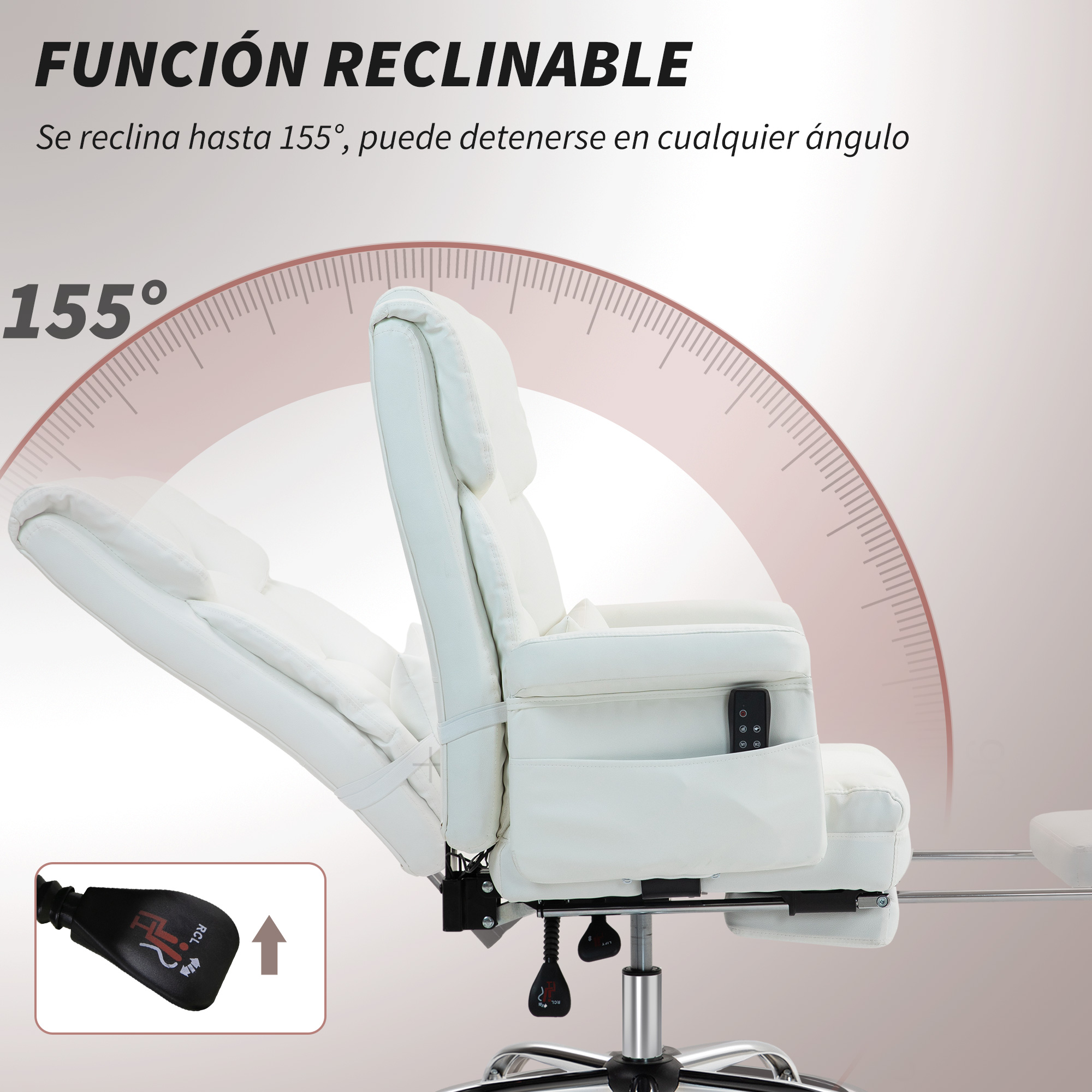 Una silla de oficina reclinable blanca con reposapiés y un mando a distancia en el reposabrazos.