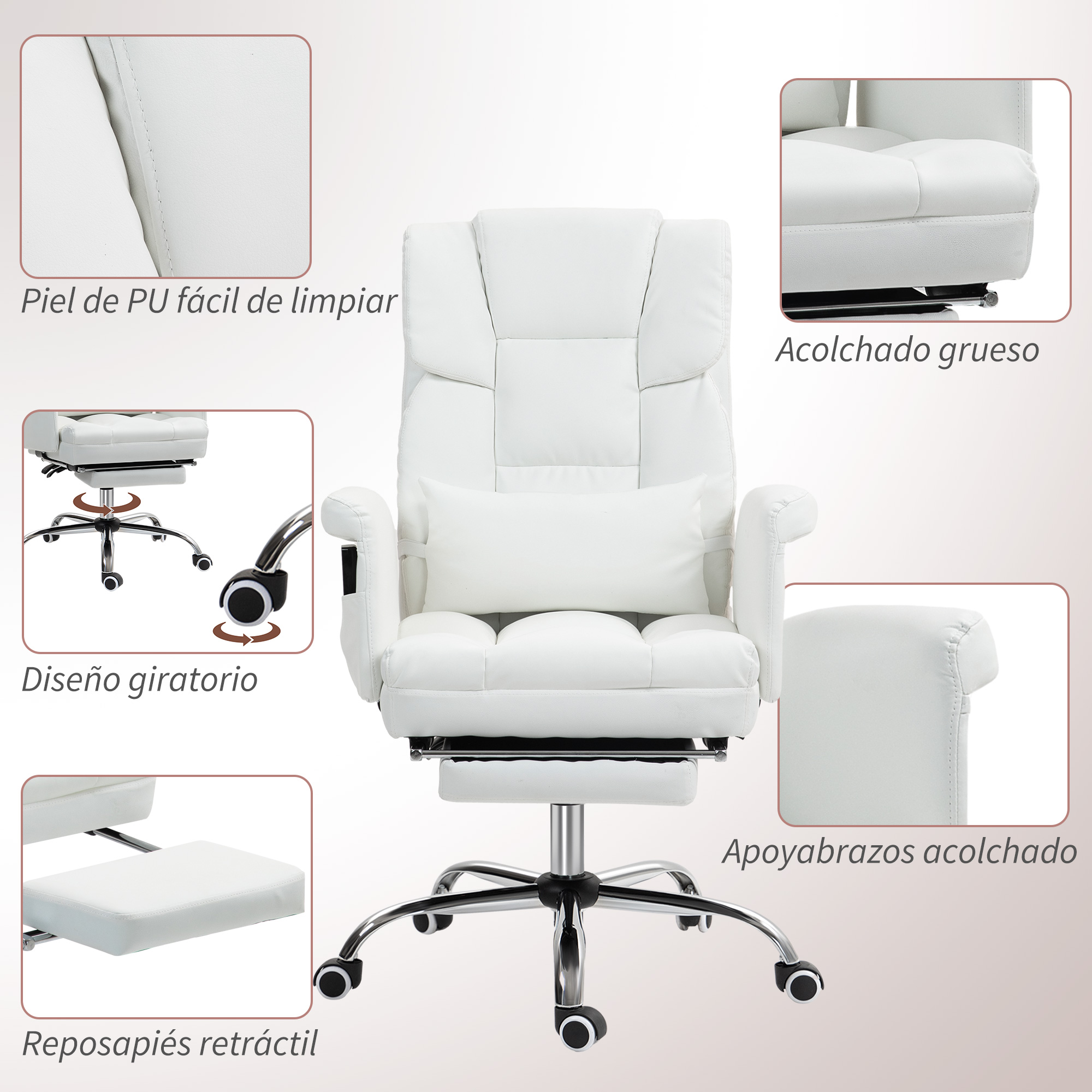 Silla de oficina blanca con vistas detalladas de cuero PU, acolchado grueso, reposapiés y reposabrazos.