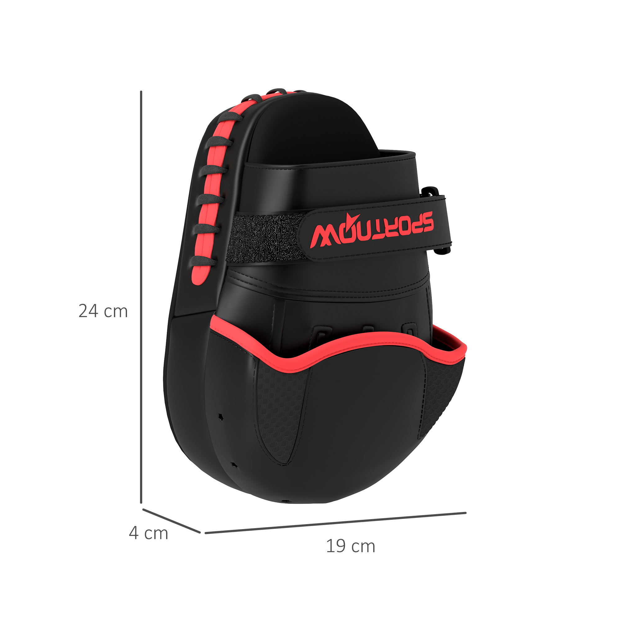 Guante de boxeo negro y rojo. Costuras y ribetes rojos. Texto: Sportnow. Dimensiones: 24 cm, 4 cm, 19 cm.