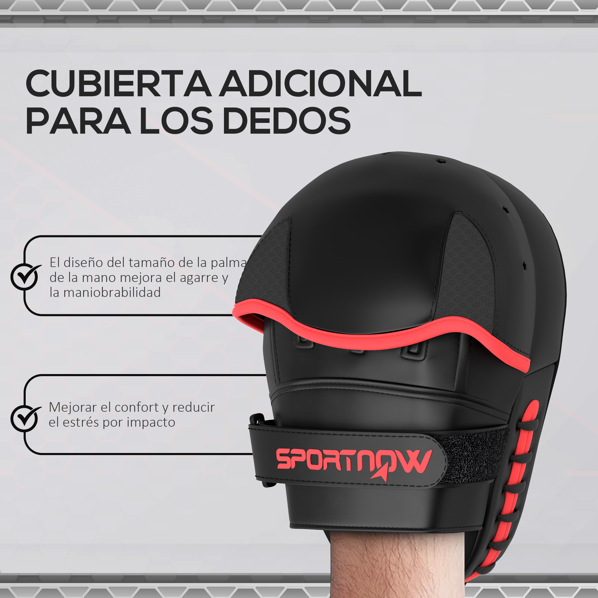 Guantes de boxeo negros y rojos. Presenta una mano, con el logo SportNow.