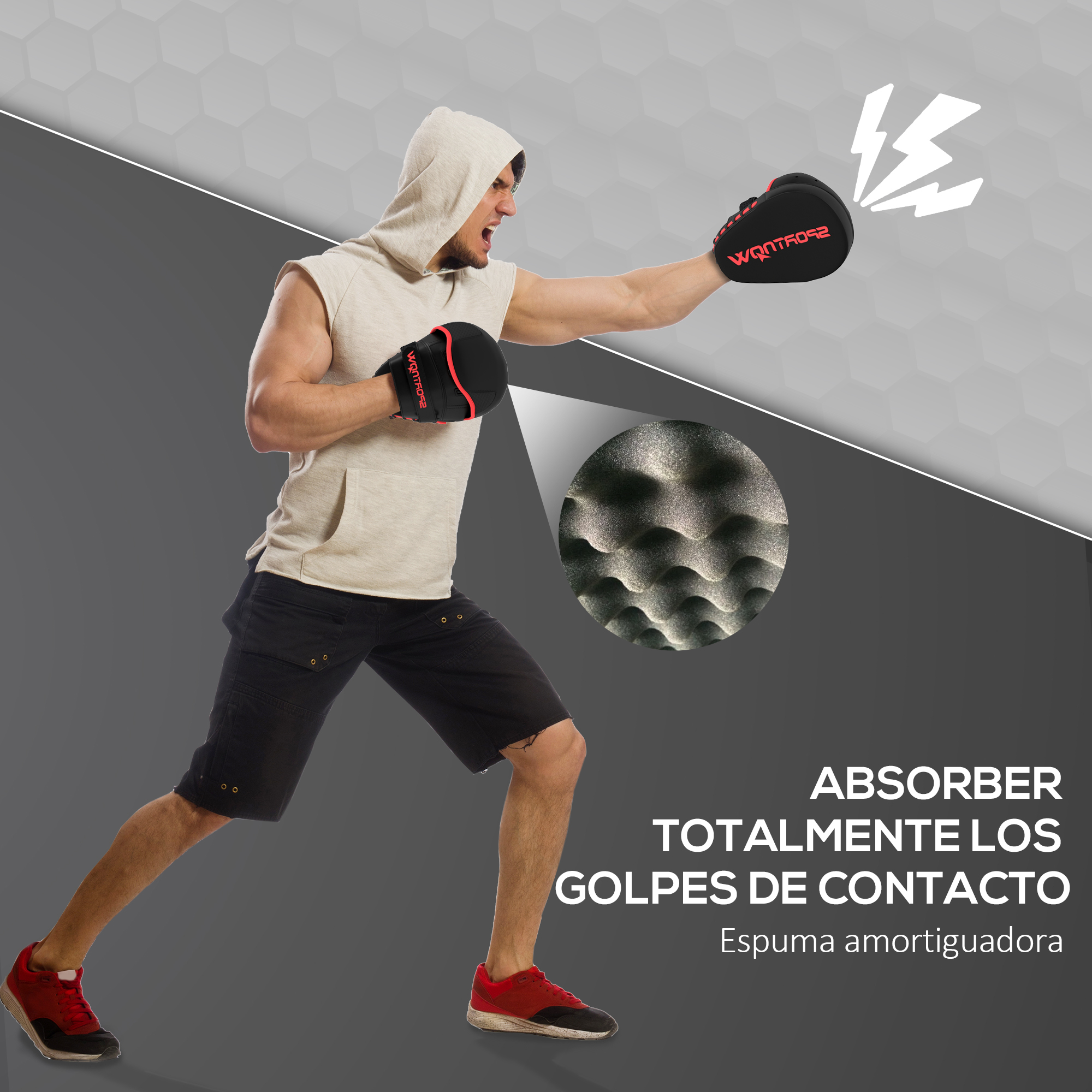 Hombre con capucha boxeando, con guantes. Detalle de espuma resaltado.
