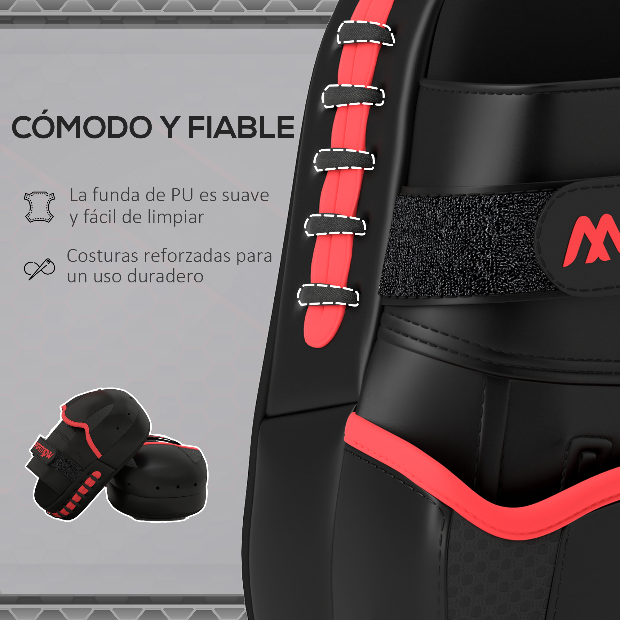 Primer plano de un juego de boxeo negro y rojo. Incluye guantes y manoplas. El texto dice 'Cómodo y fiable'.