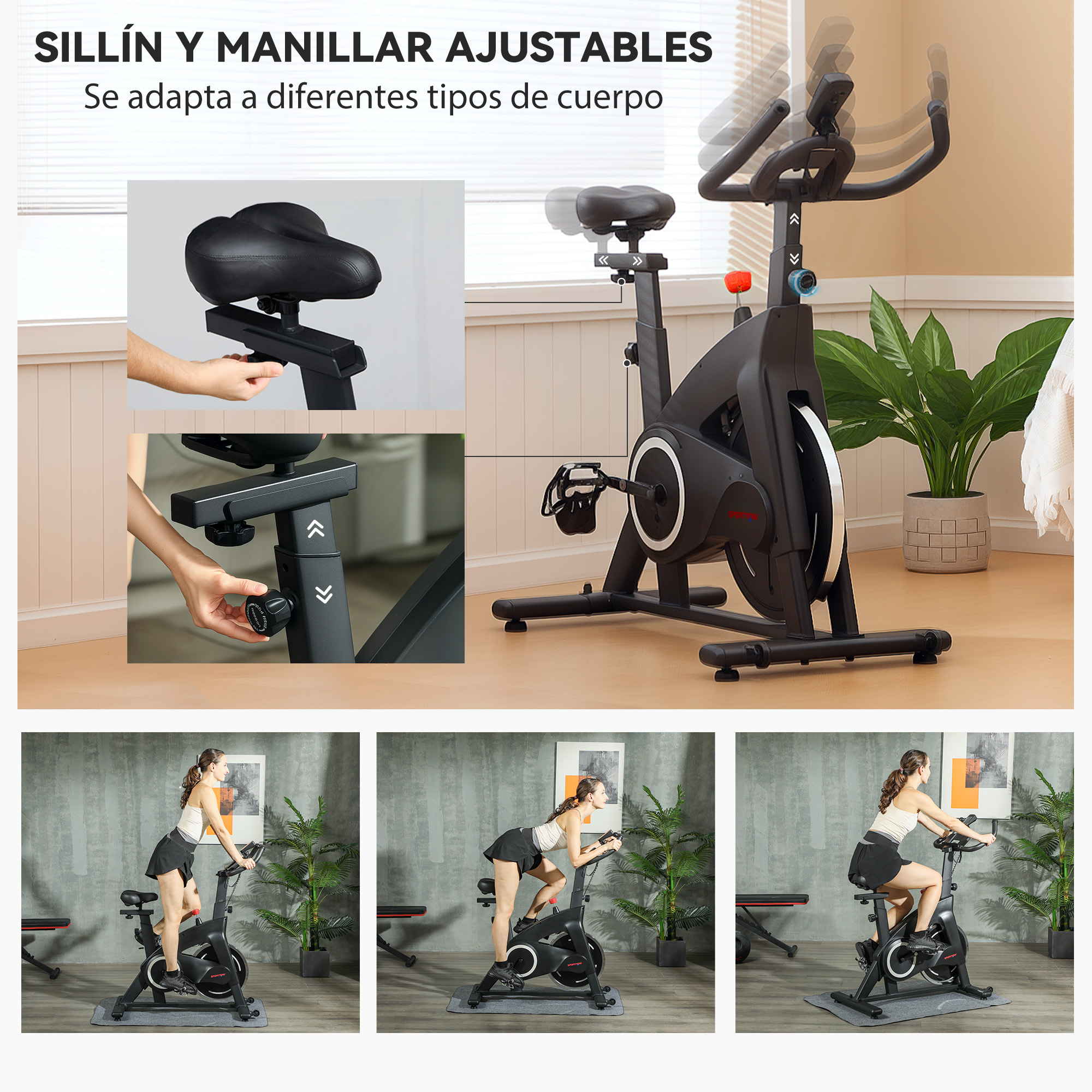Bicicleta estática ajustable con ajustes de asiento y manillar. Muestra a una mujer usándola en diferentes posiciones.