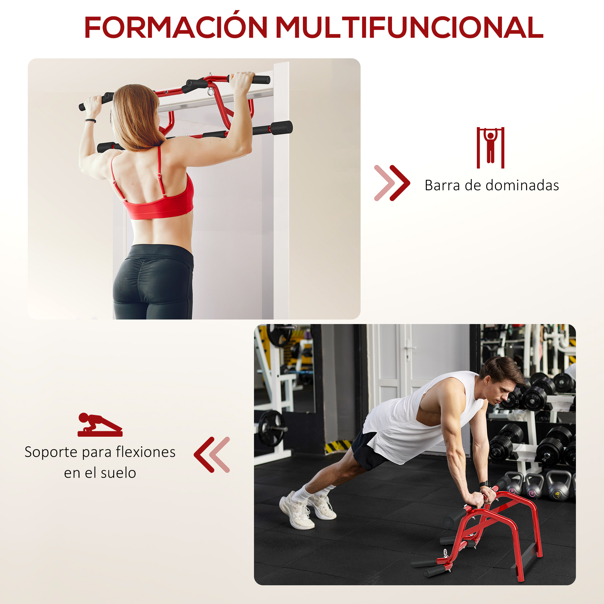 Dos imágenes que muestran equipos de ejercicio: barra de dominadas y soporte para flexiones, con un hombre y una mujer usándolos.