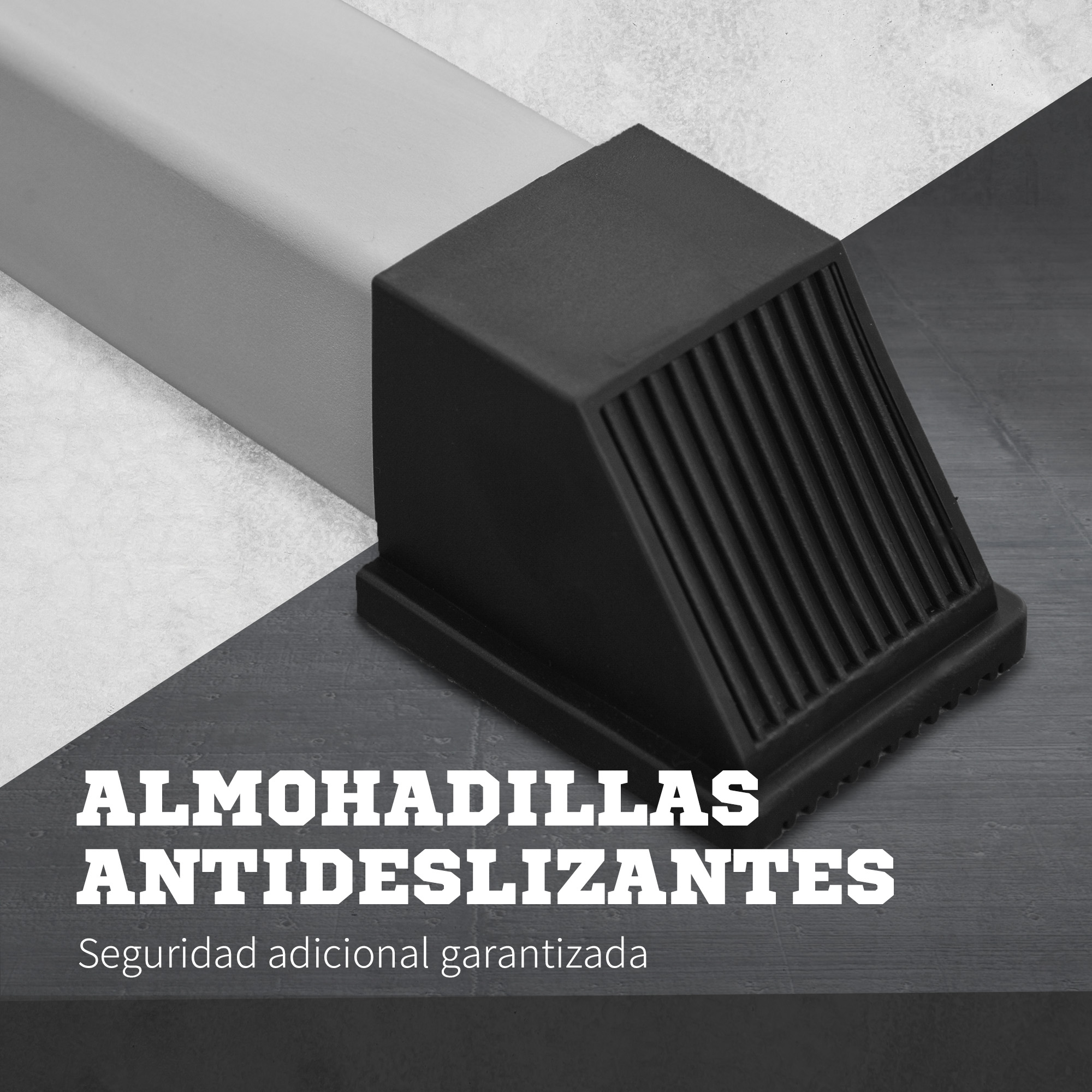 Pie de goma negro sobre metal gris. Texto abajo: ALMOHADILLAS ANTIDESLIZANTES. Seguridad adicional garantizada.