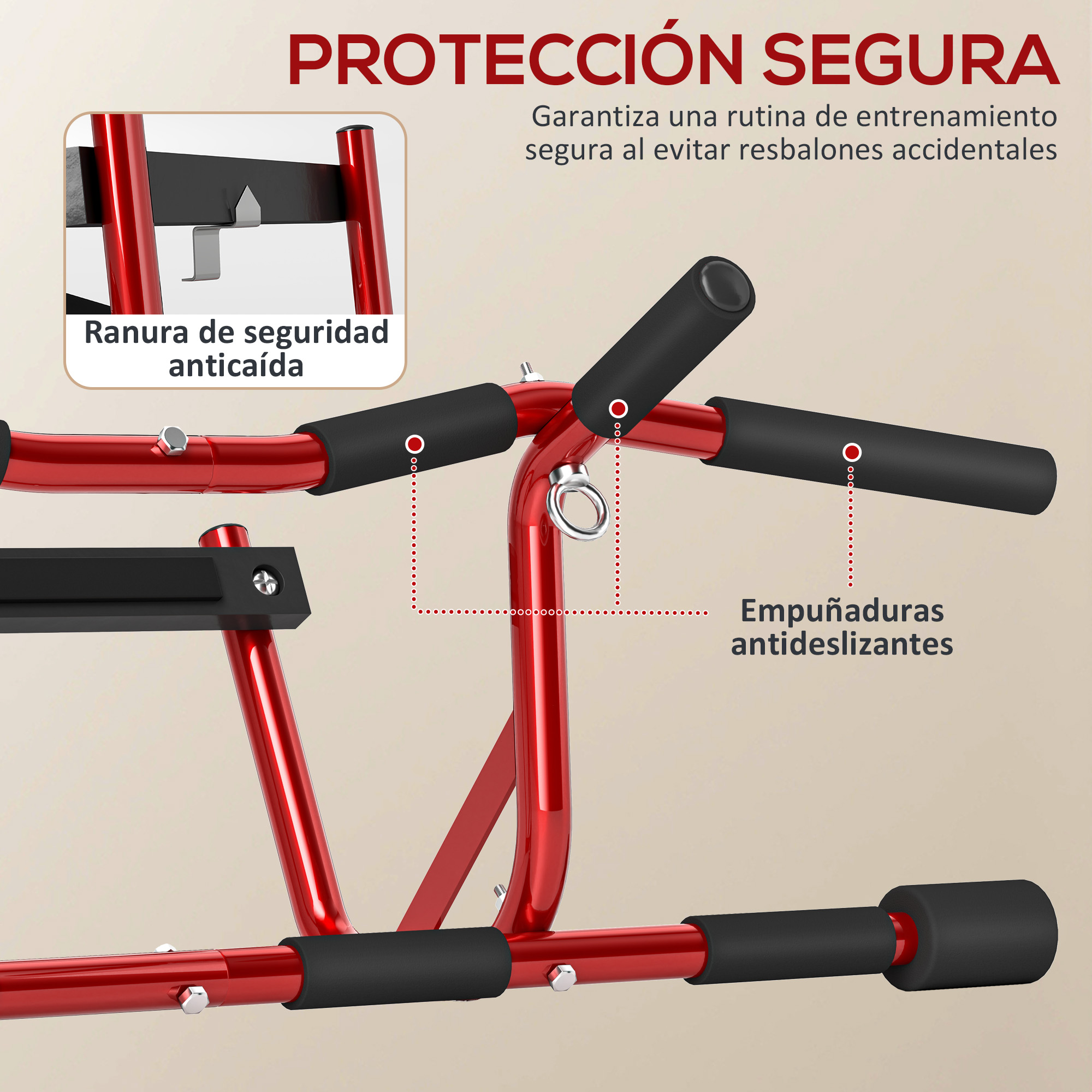 Barra de dominadas roja con agarres antideslizantes, cierres de seguridad y descripciones de texto.