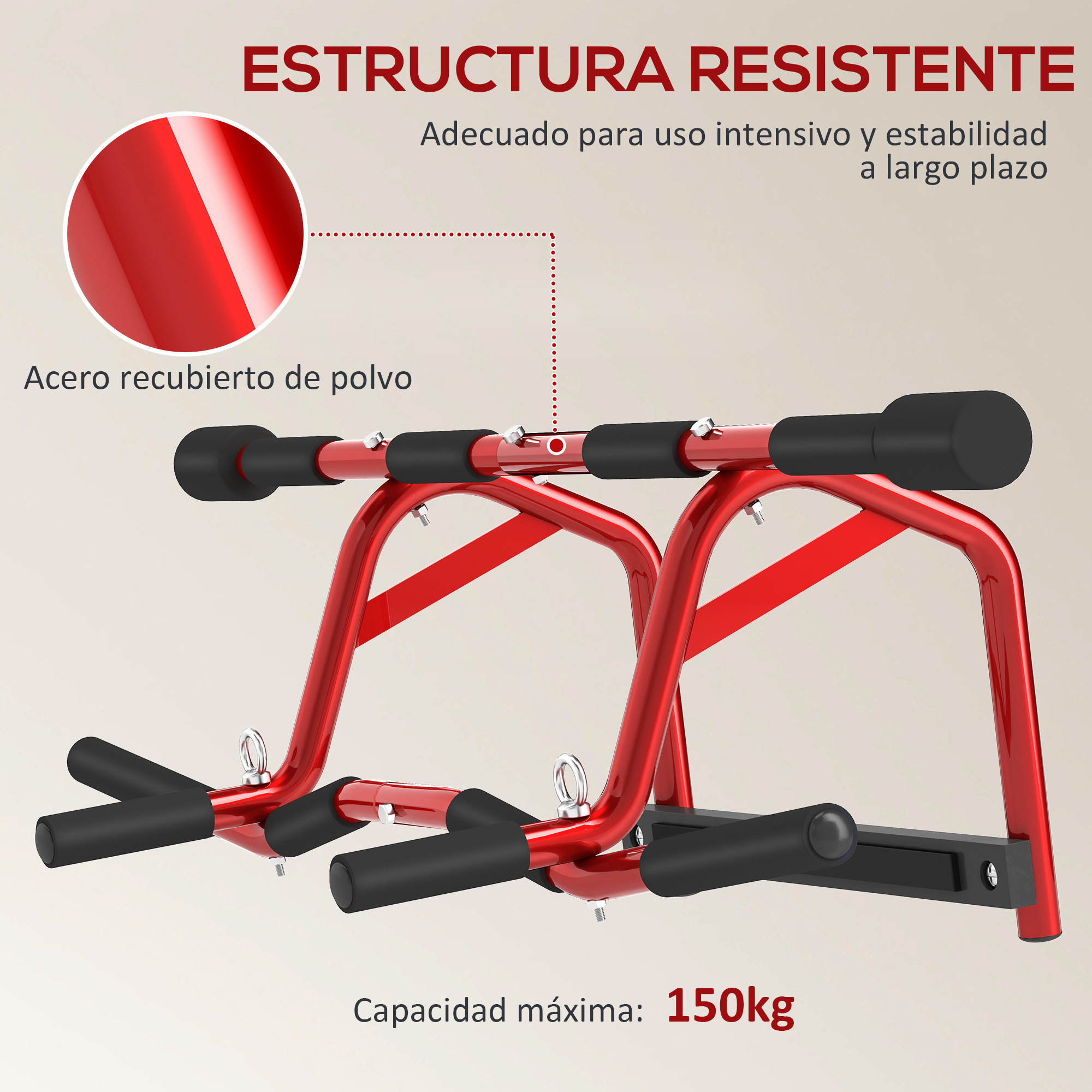 Una barra de dominadas roja en una pared con agarres negros. La capacidad máxima es de 150 kg.