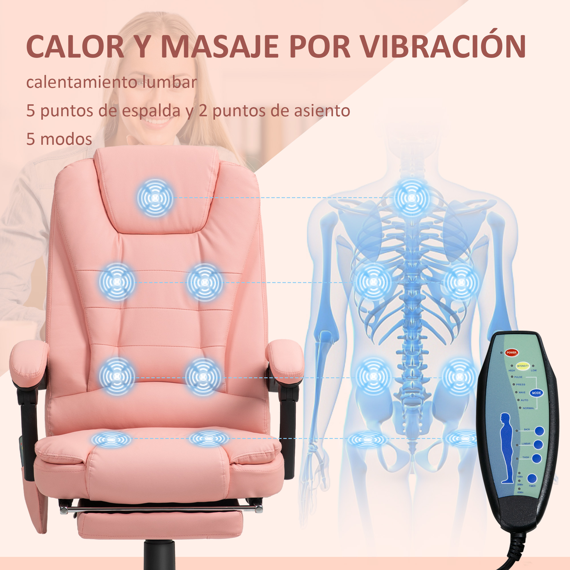 Una silla de masaje rosa con un panel de control y un diagrama de un cuerpo. Texto en español.