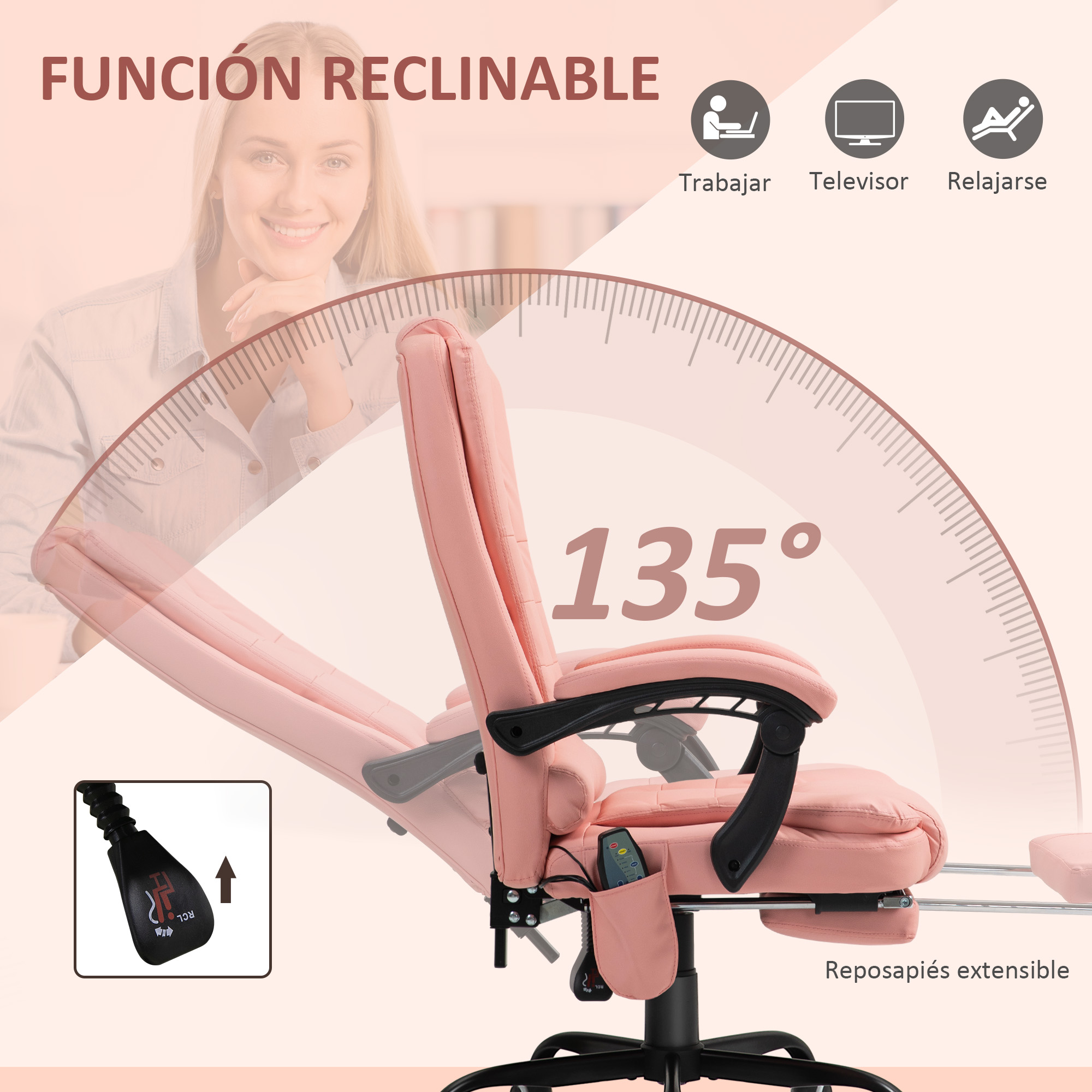 Silla de oficina rosa con función reclinable, dimensiones y mujer en el fondo.