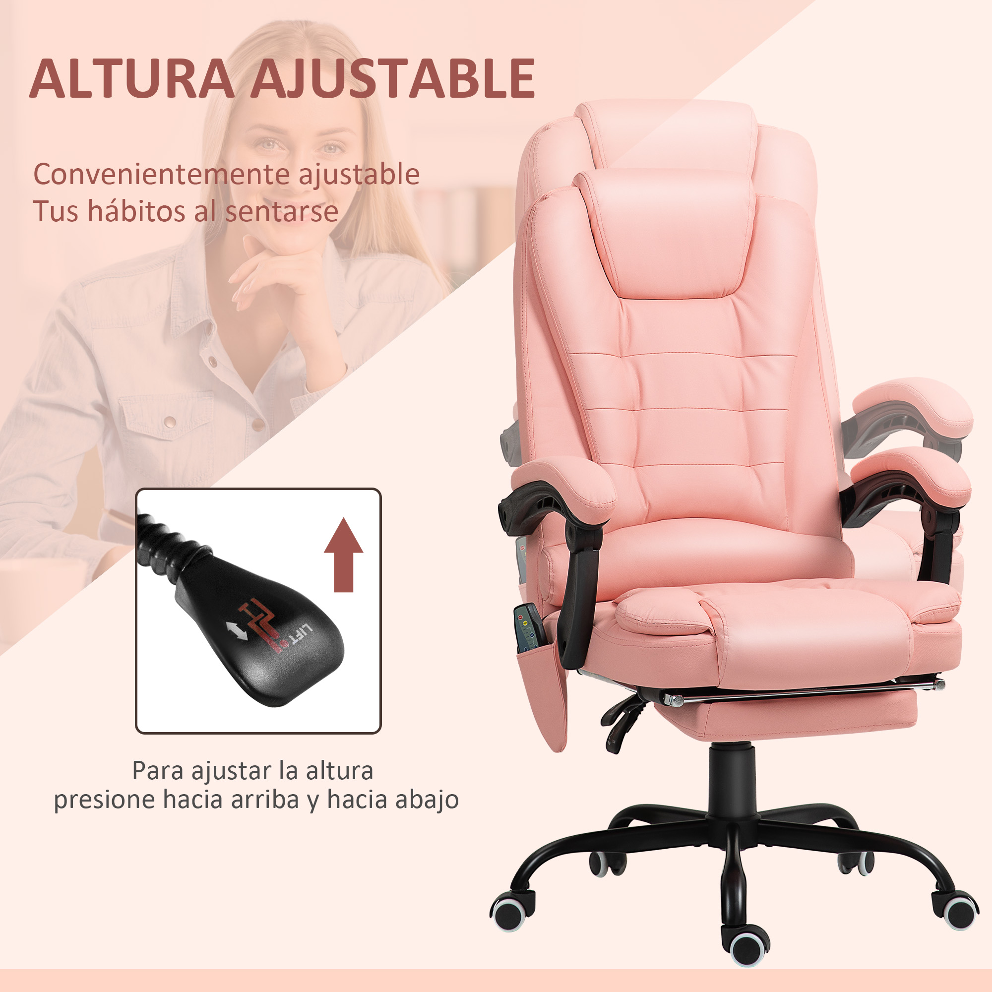 Silla de oficina rosa con altura ajustable. Imagen de una mujer y texto en español.
