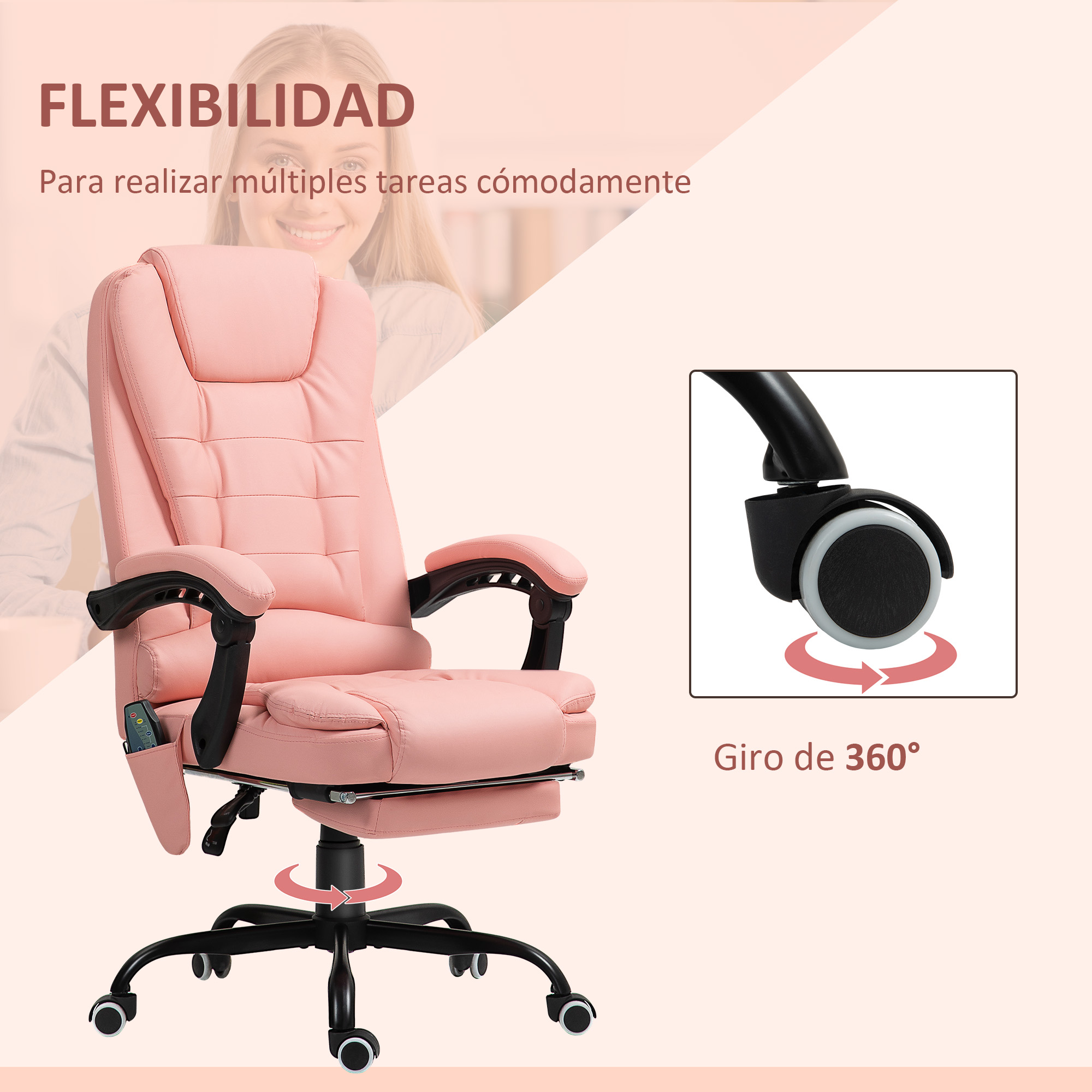 Una silla de oficina rosa con reposacabezas, reposabrazos y reposapiés. Se asienta sobre ruedas.