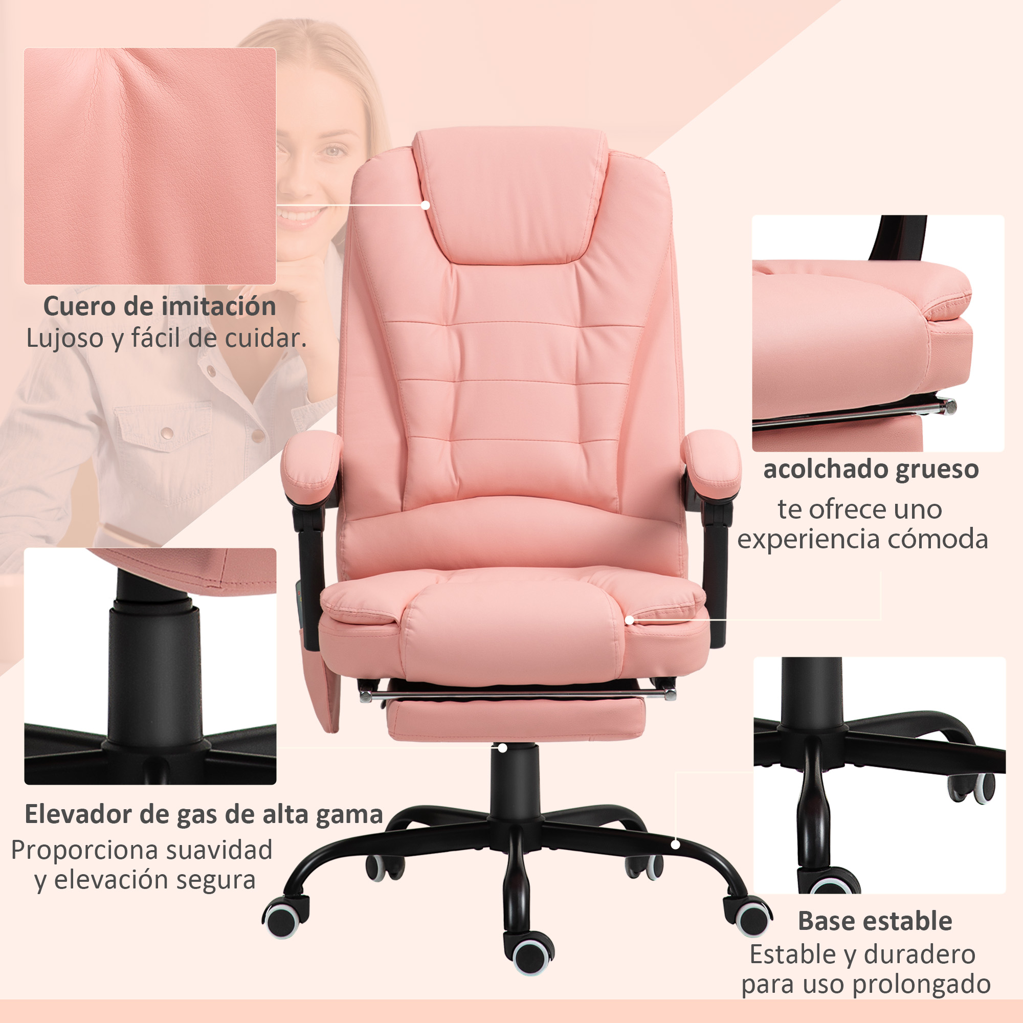 Silla de oficina rosa con rostro de mujer. Características incluyen elevador de gas y base estable.