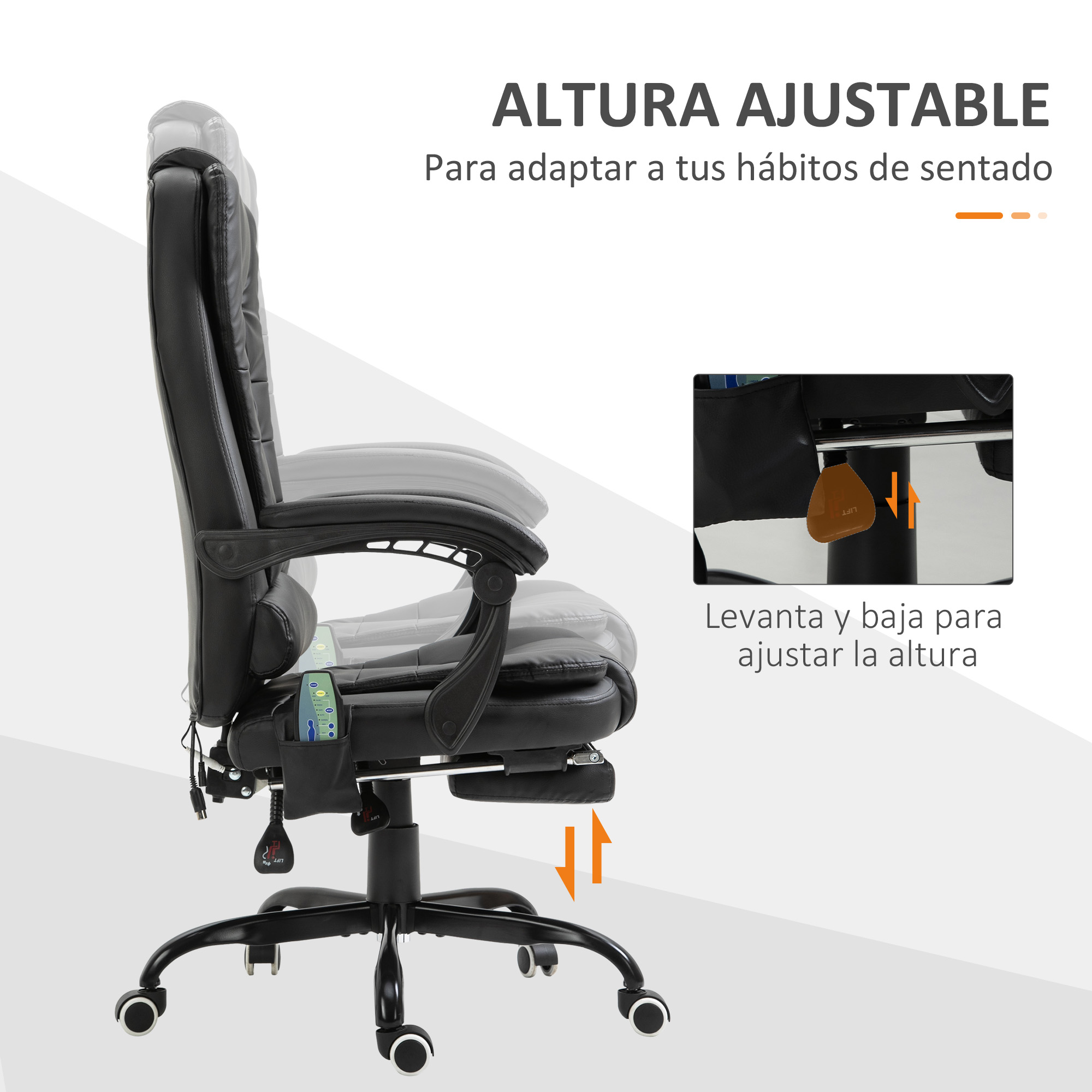 Una silla de oficina negra con altura ajustable, vista lateral, en una habitación bien iluminada.