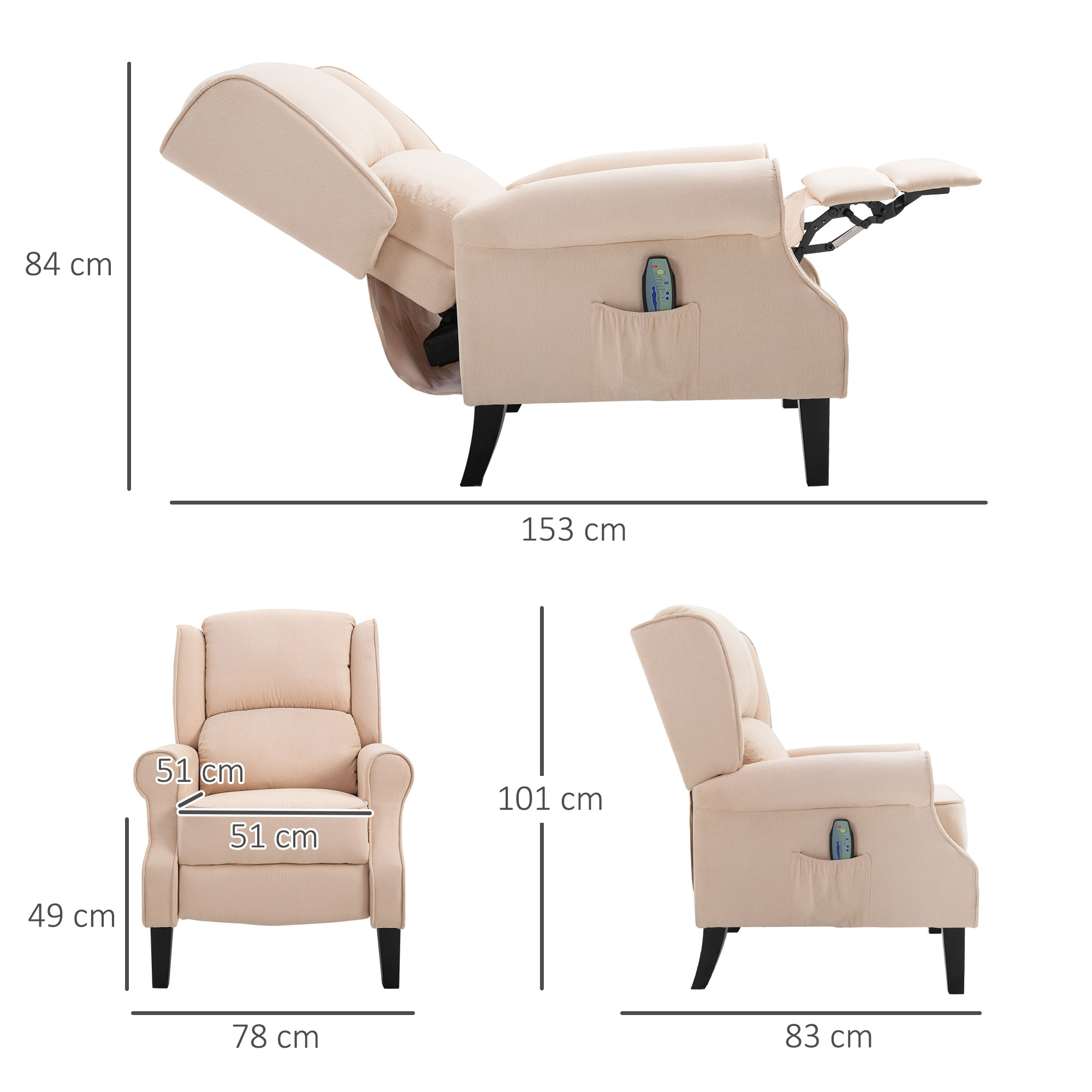 Sillón reclinable beige con dimensiones. Reposabrazos, bolsillo lateral y patas negras visibles.