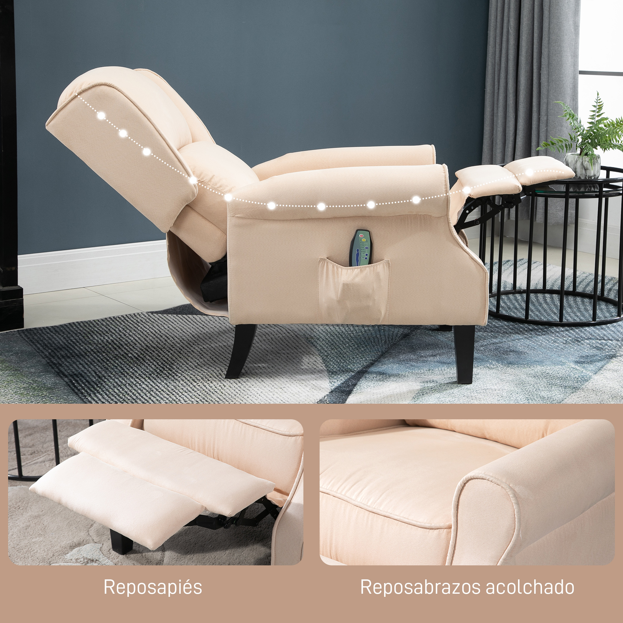 Sillón reclinable beige con reposapiés y reposabrazos extendidos, y un bolsillo con teléfono.