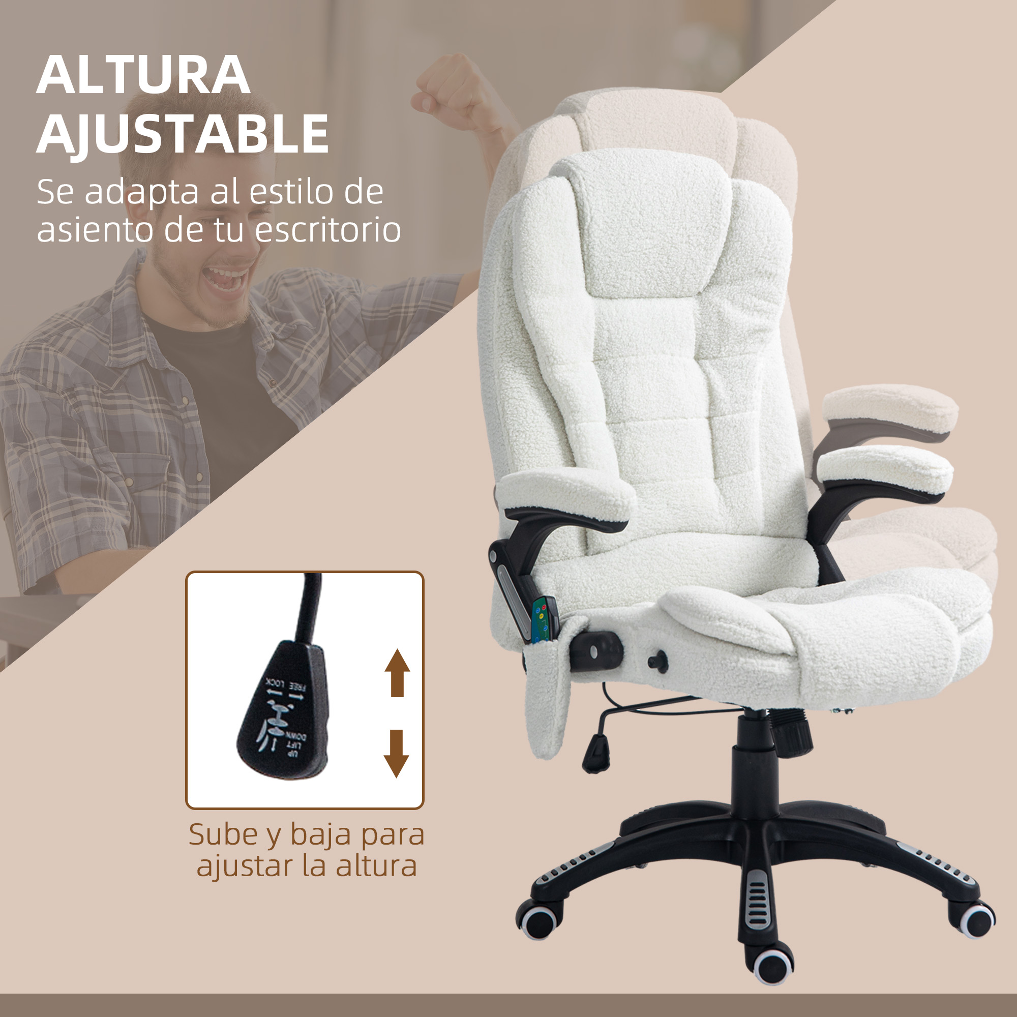 Silla de oficina blanca y esponjosa con hombre en el fondo. La silla tiene altura ajustable.