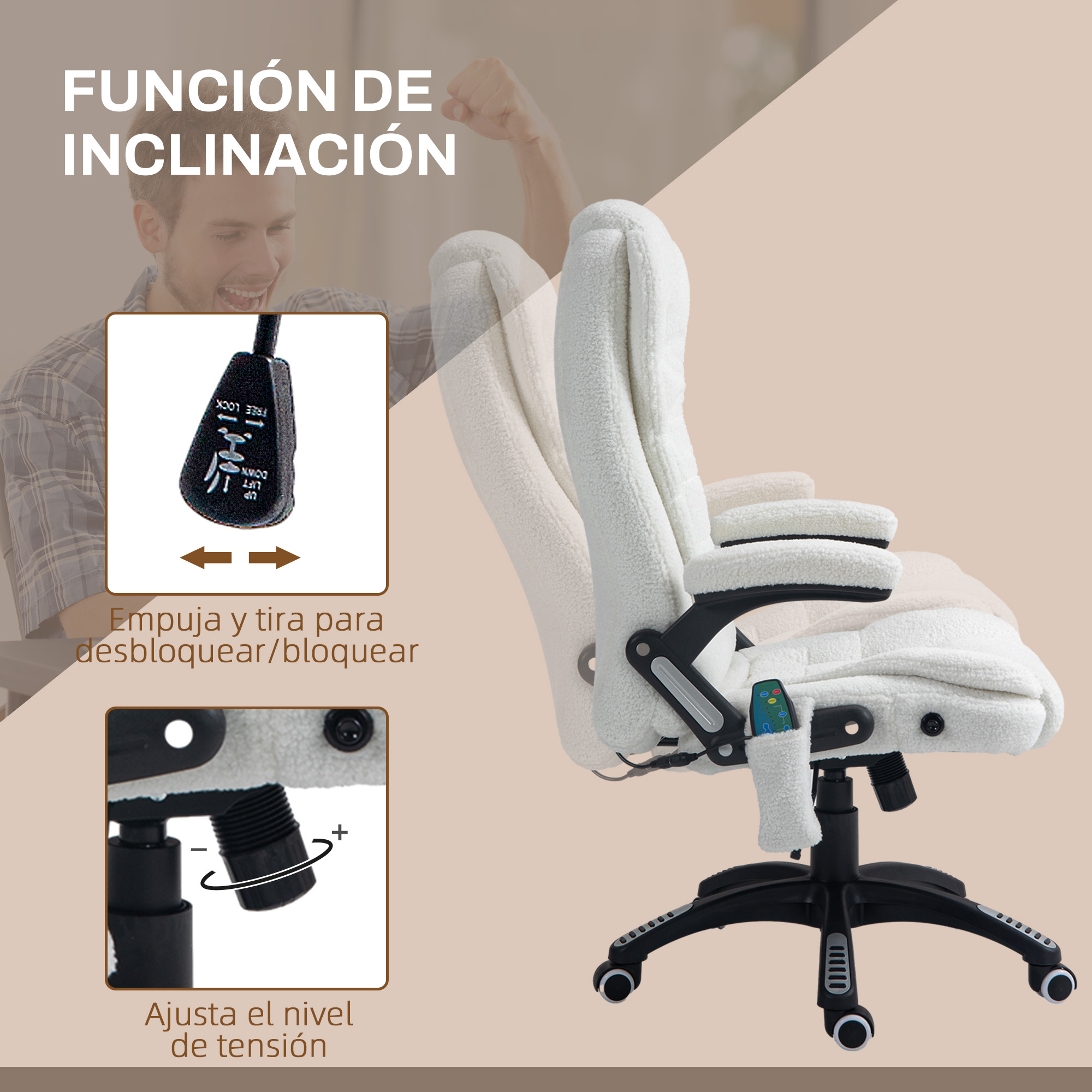 Silla de oficina blanca. Tiene una función de inclinación con ajuste de tensión y un botón de bloqueo.