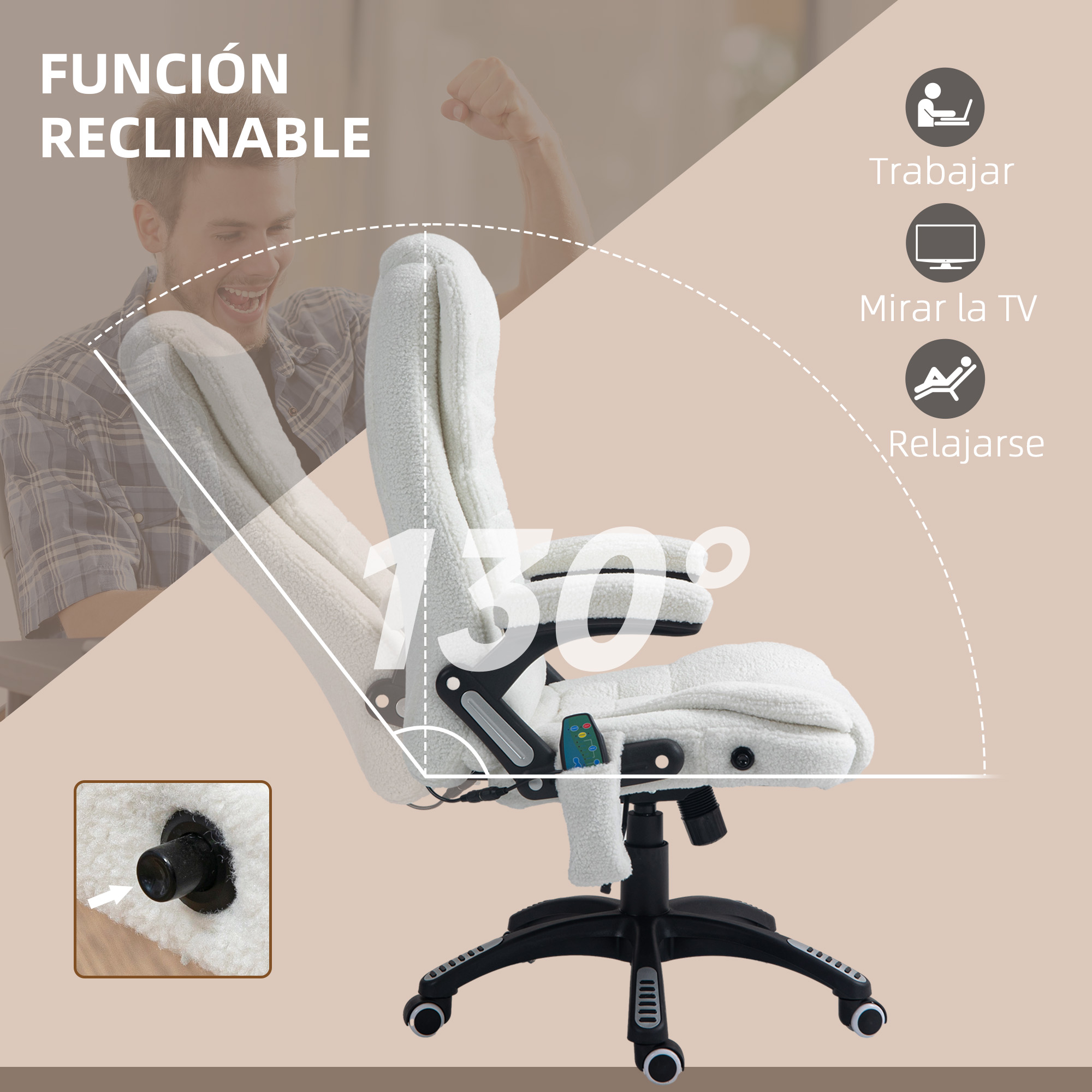 Una silla de oficina se reclina 150 grados. Un hombre está sonriendo. La silla es blanca y está sobre una base negra con ruedas.
