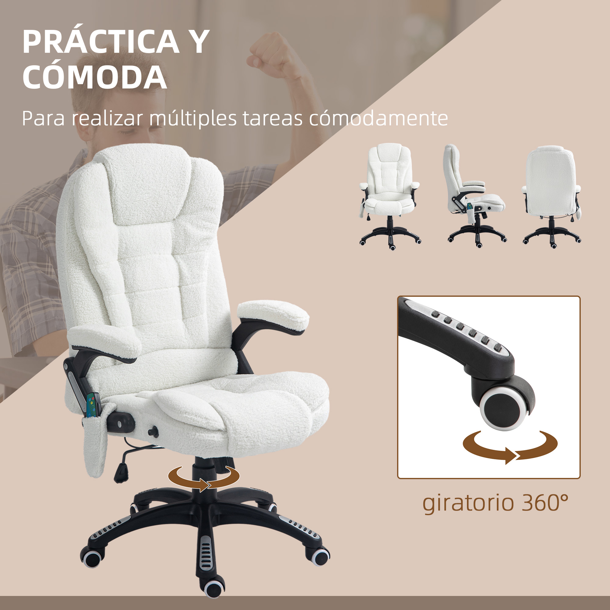 Una silla de oficina blanca con respaldo y reposabrazos esponjosos. La silla tiene ruedas y gira.