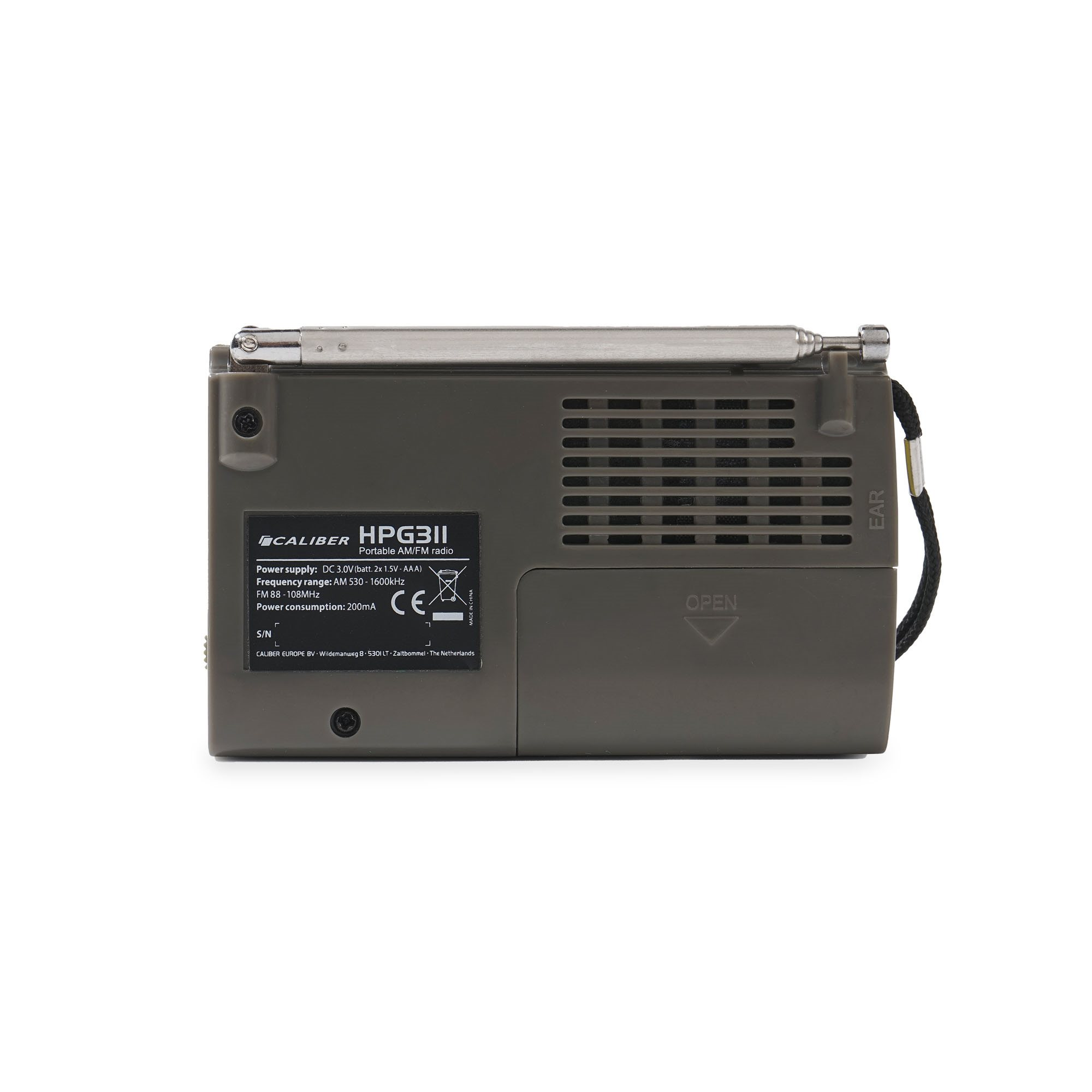 A small grey radio with antenna and button details. Includes a label showing the specifications.