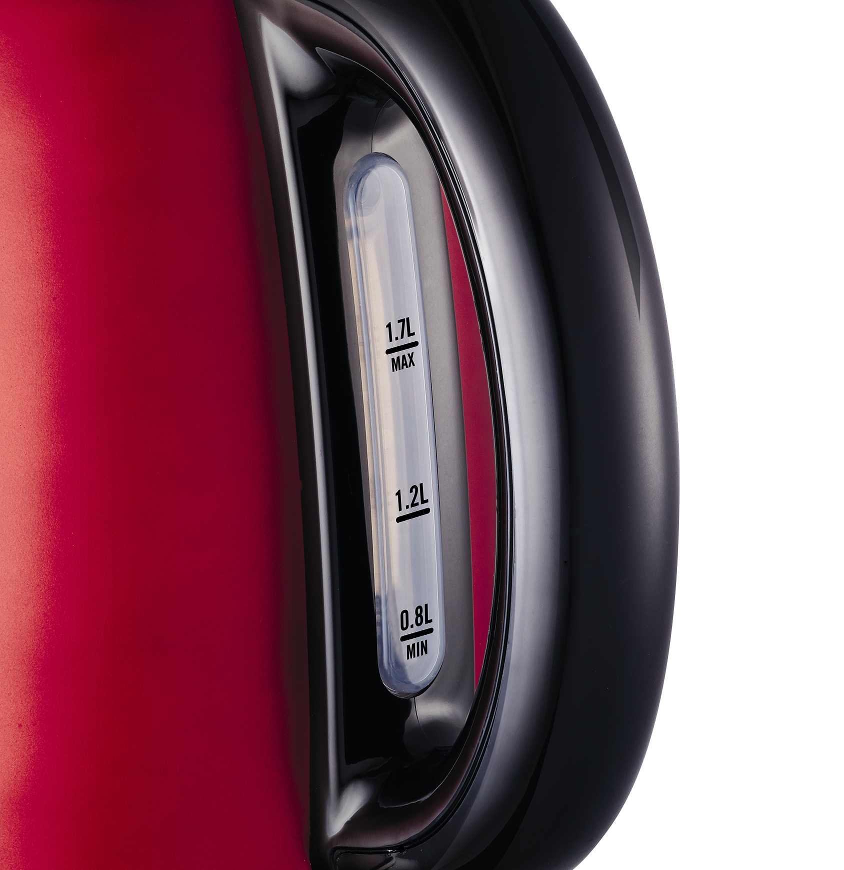 Czerwony i czarny czajnik elektryczny ze wskaźnikiem poziomu wody: 0,8L, 1,2L i 1,7L.