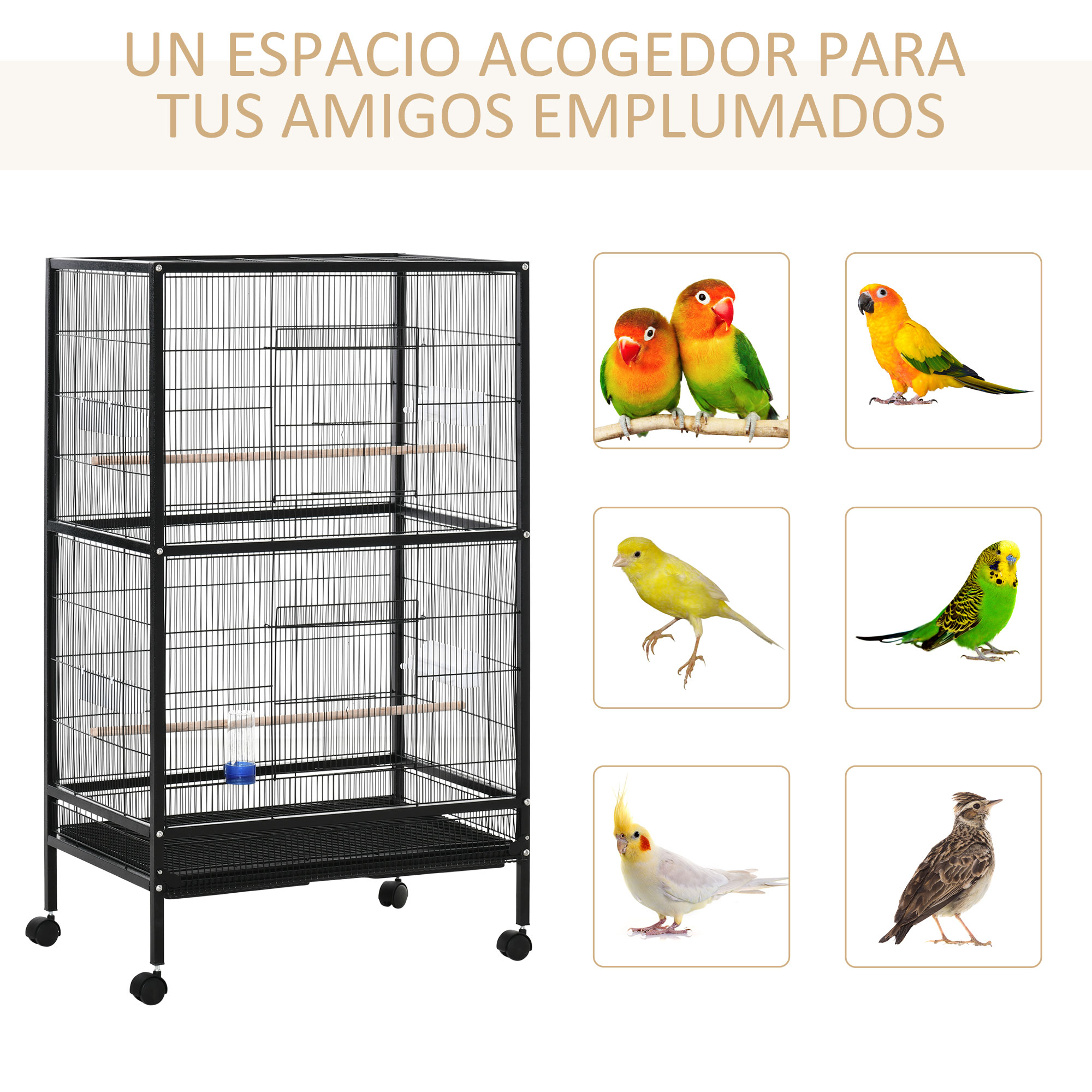 Una jaula negra para pájaros con varias aves. Tiene un soporte y está sobre ruedas, con perchas de madera.