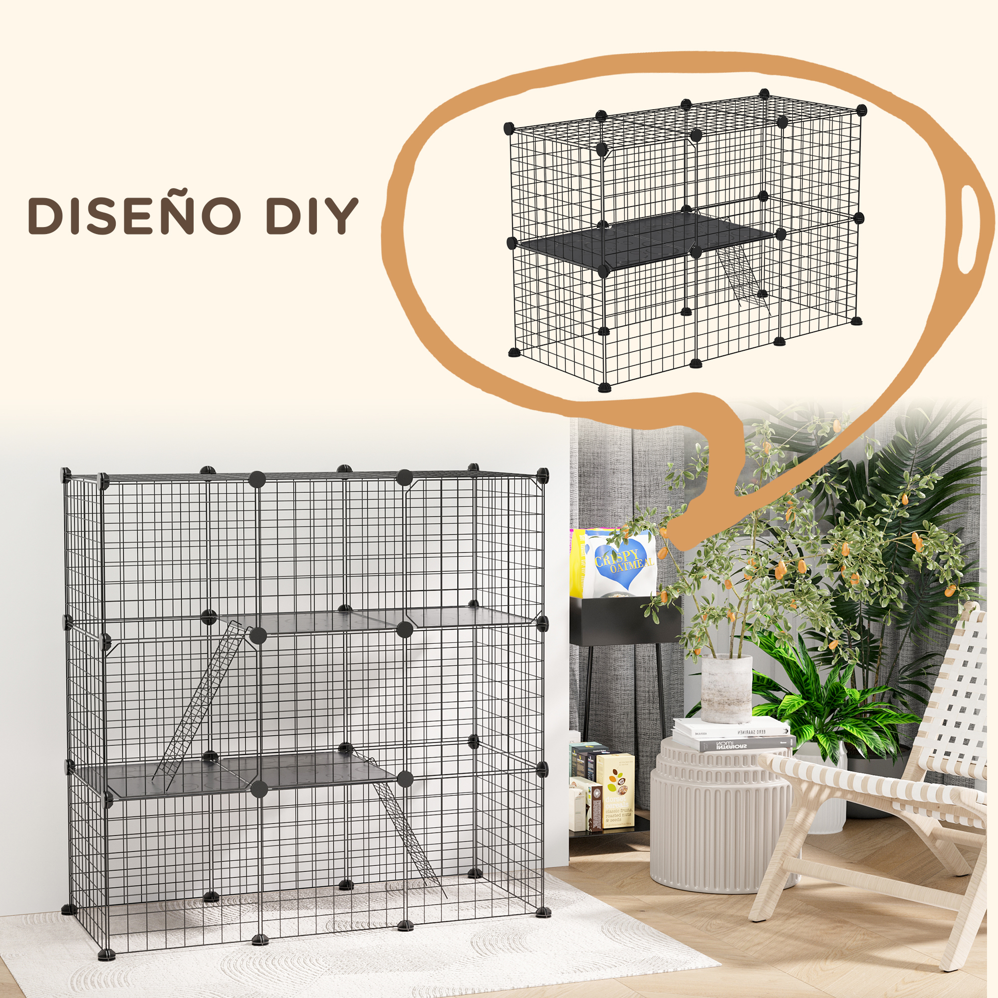 Una jaula para mascotas DIY con estructura de alambre, estantes y una escalera. También se muestra una representación de la jaula.