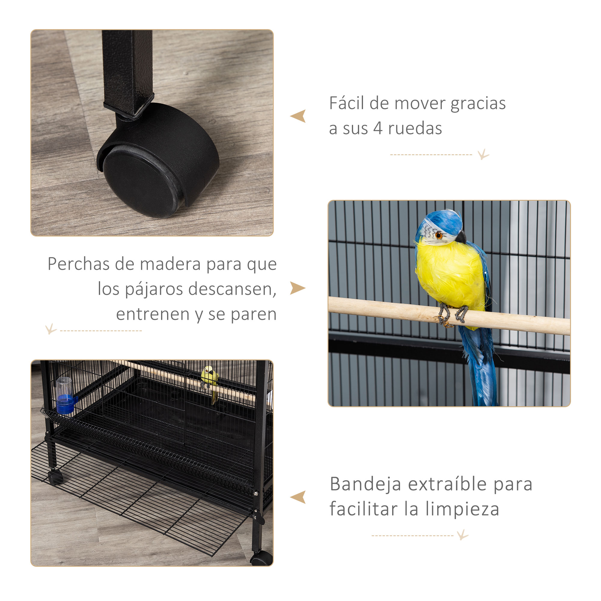 Una jaula para pájaros con ruedas, perchas y un pájaro azul y amarillo en una percha.