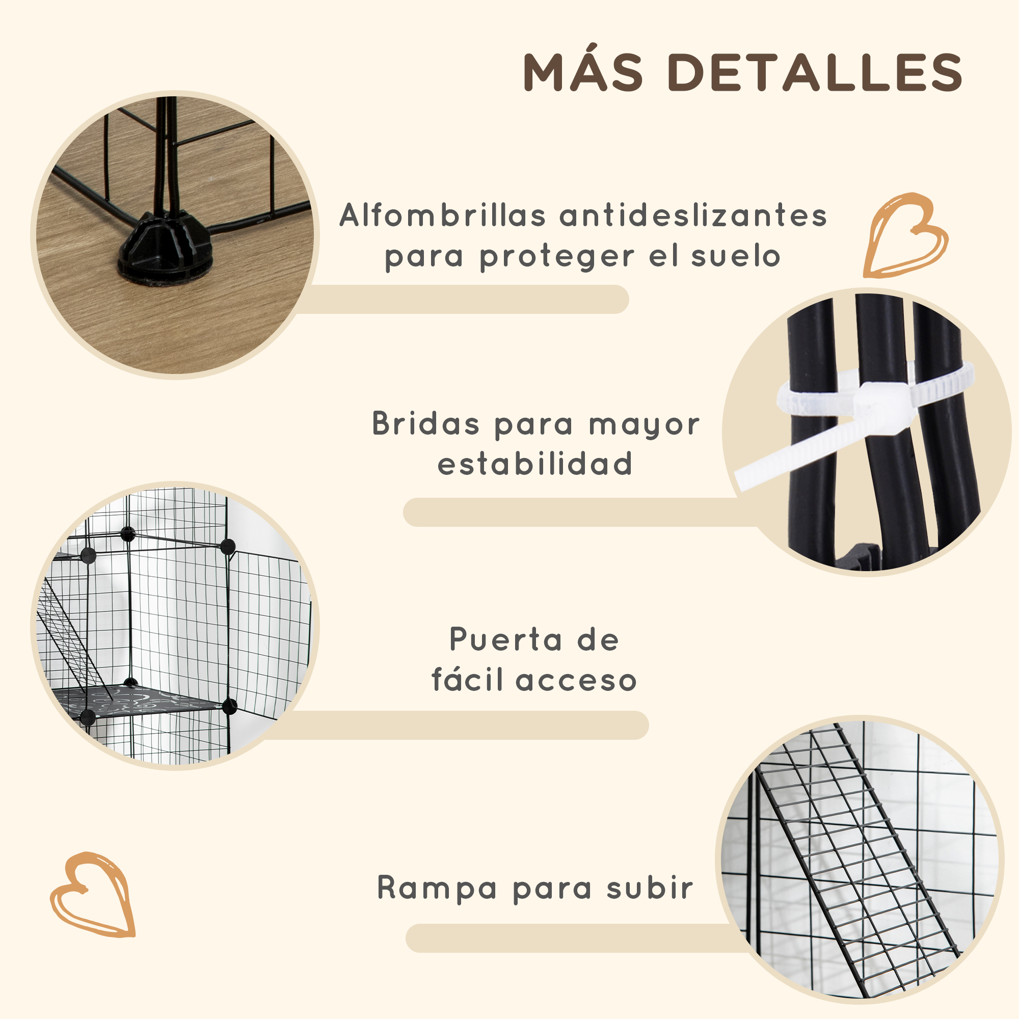 Primer plano de una jaula para mascotas negra y marrón con detalles sobre la protección del suelo, estabilidad y rampa.
