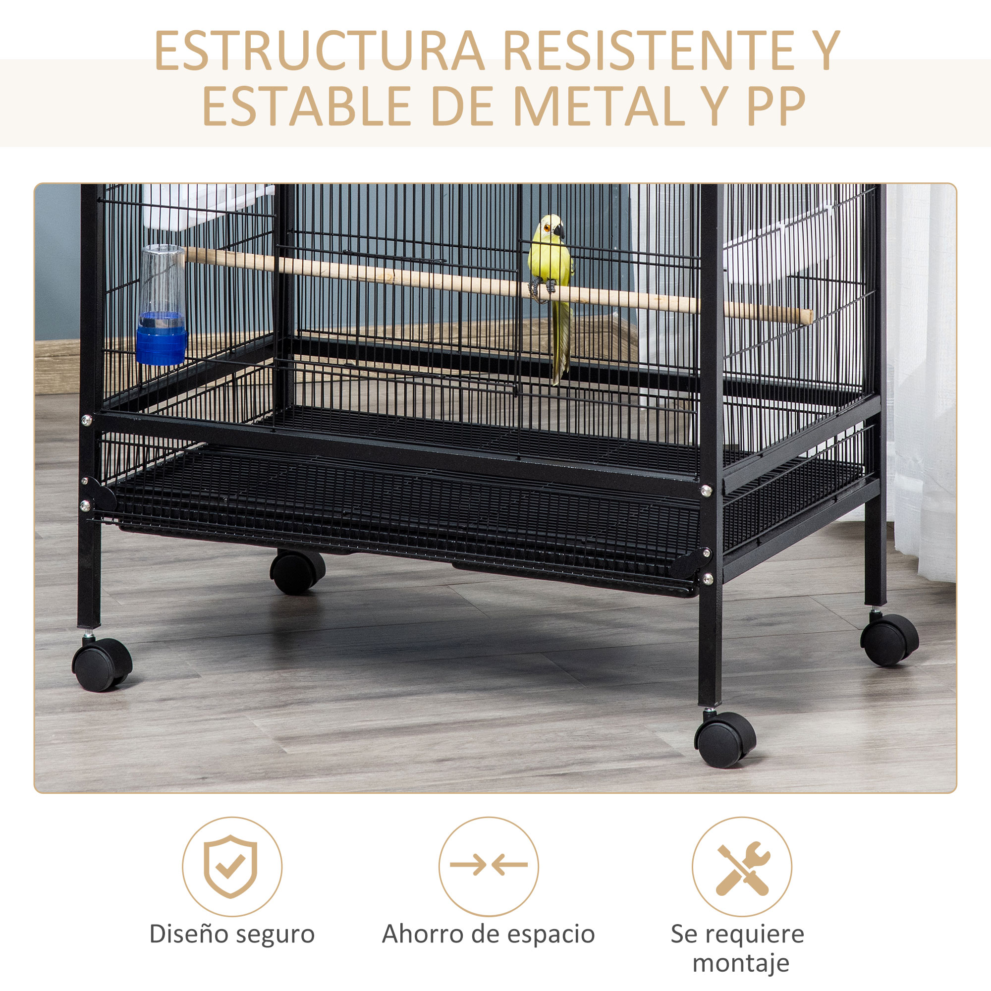 Una jaula negra para pájaros con un pájaro amarillo dentro. La jaula tiene ruedas y un diseño seguro.