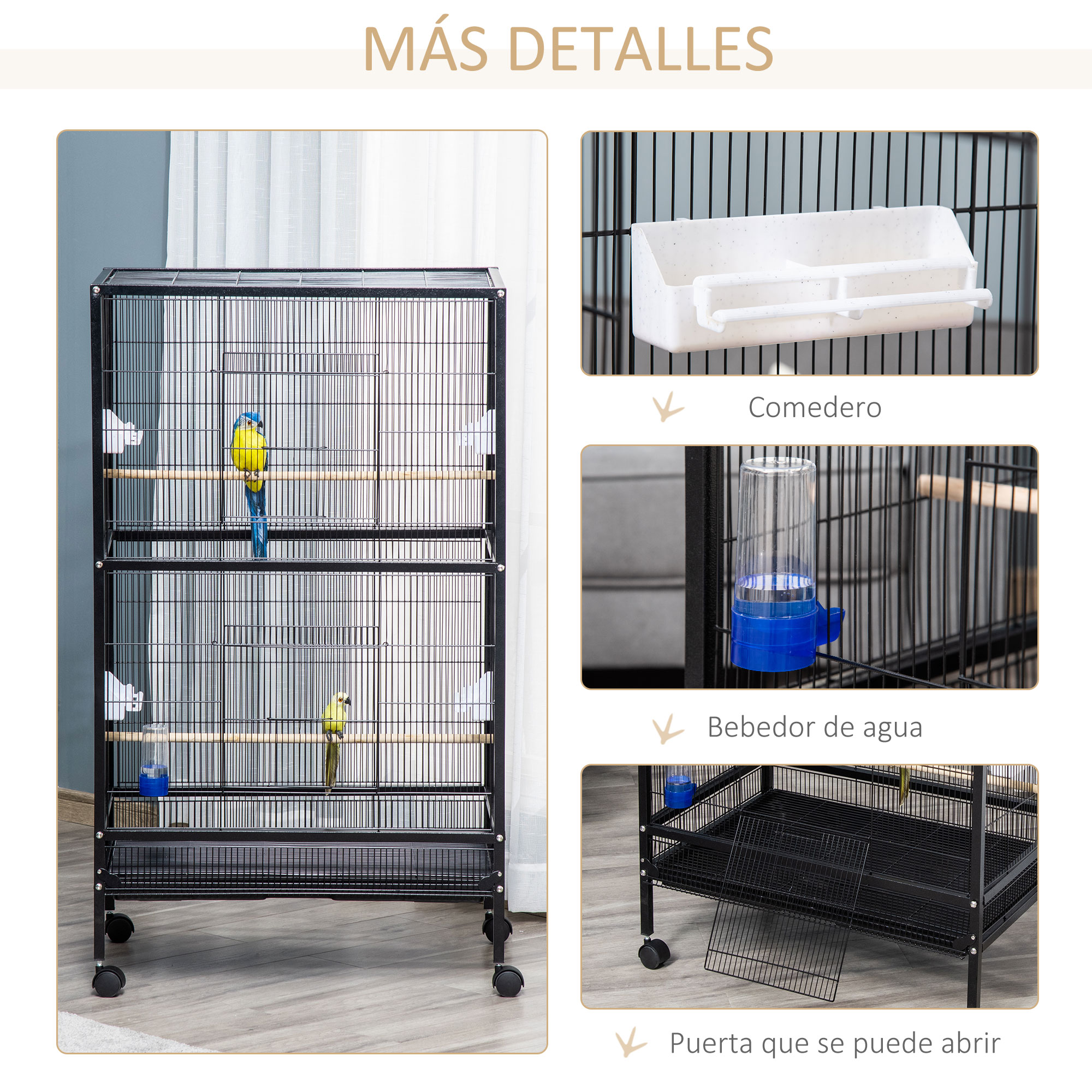 Una jaula alta y negra para pájaros con múltiples niveles, con comederos y bebederos.
