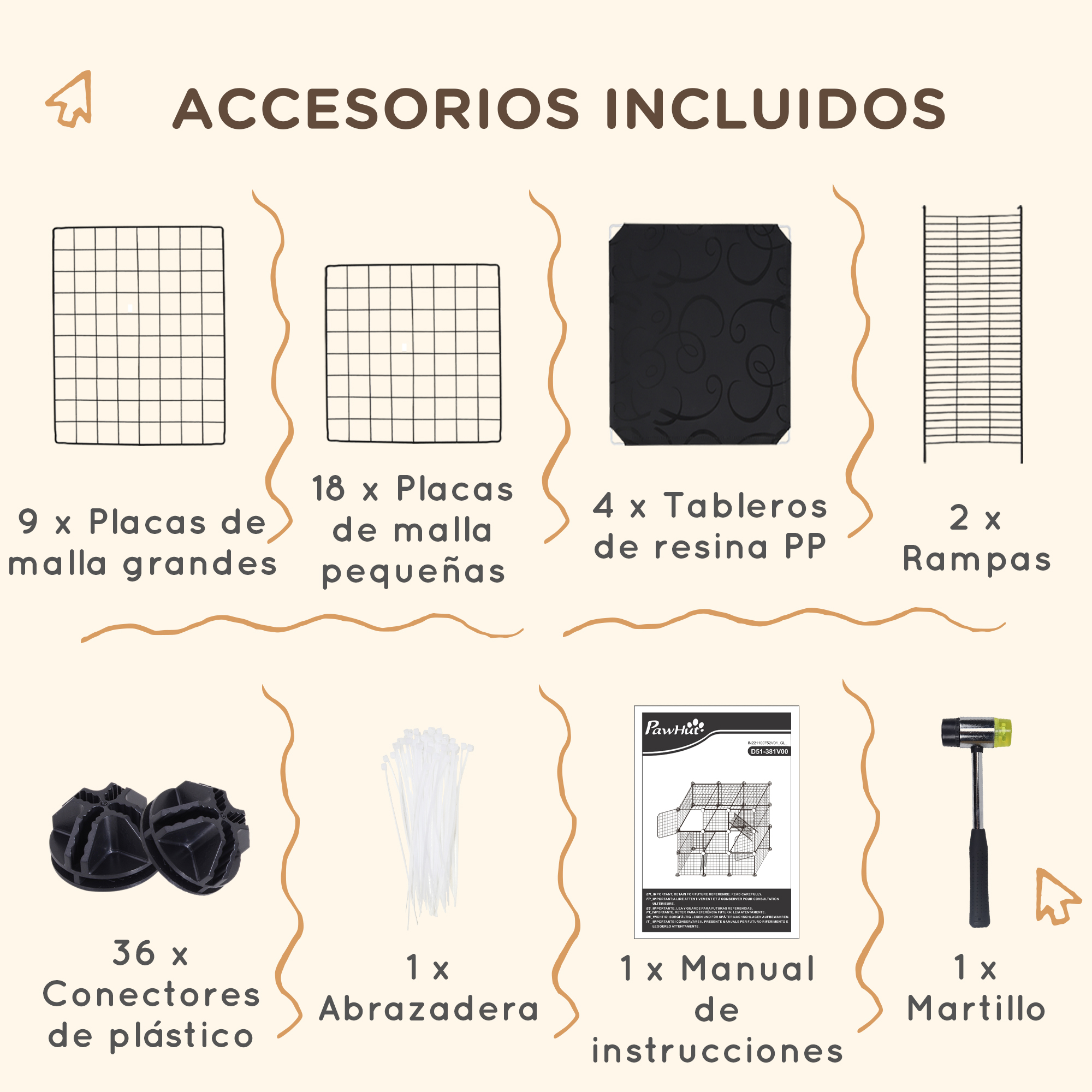 Surtido de accesorios para mascotas, incluyendo rejillas, conectores y un martillo.
