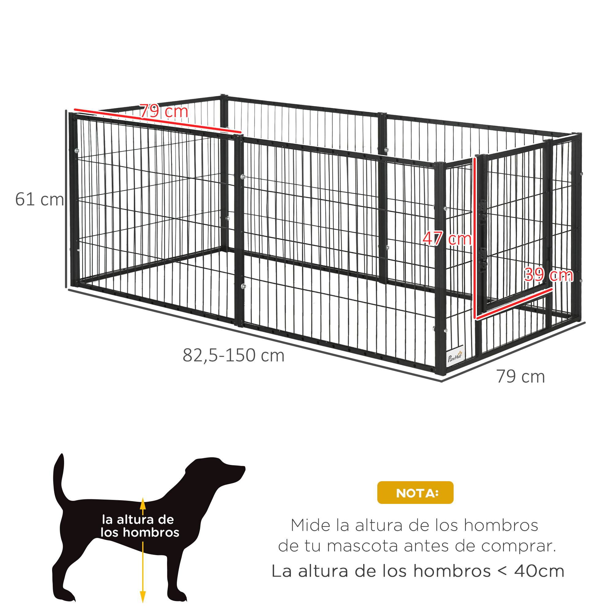 Una valla para perros de metal negro con dimensiones y una silueta de un perro con medida de altura.