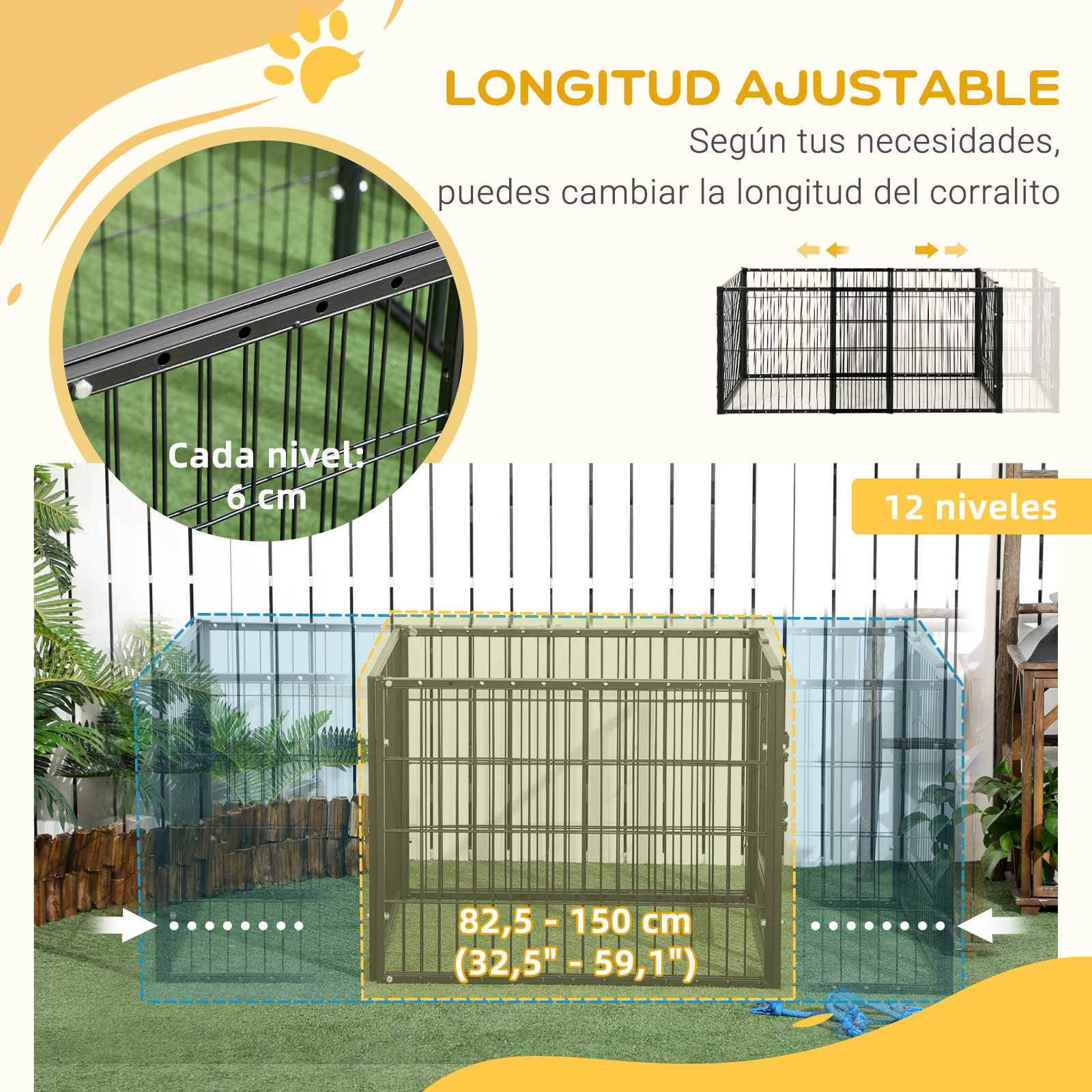 Una pequeña jaula para mascotas con longitud ajustable, 12 niveles y dimensiones etiquetadas en cm.